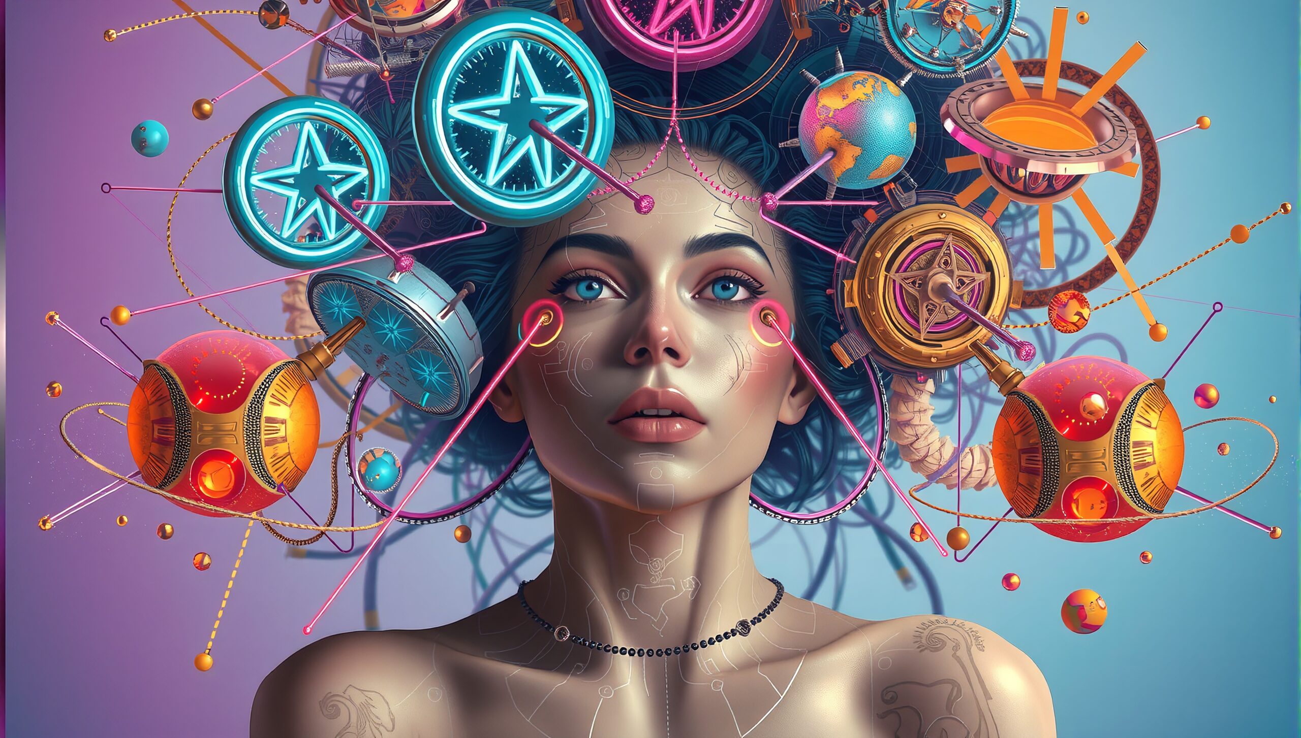 Futuristic woman with neon-colored mechanical orbs and cosmic elements creating a surreal, technological atmosphere.