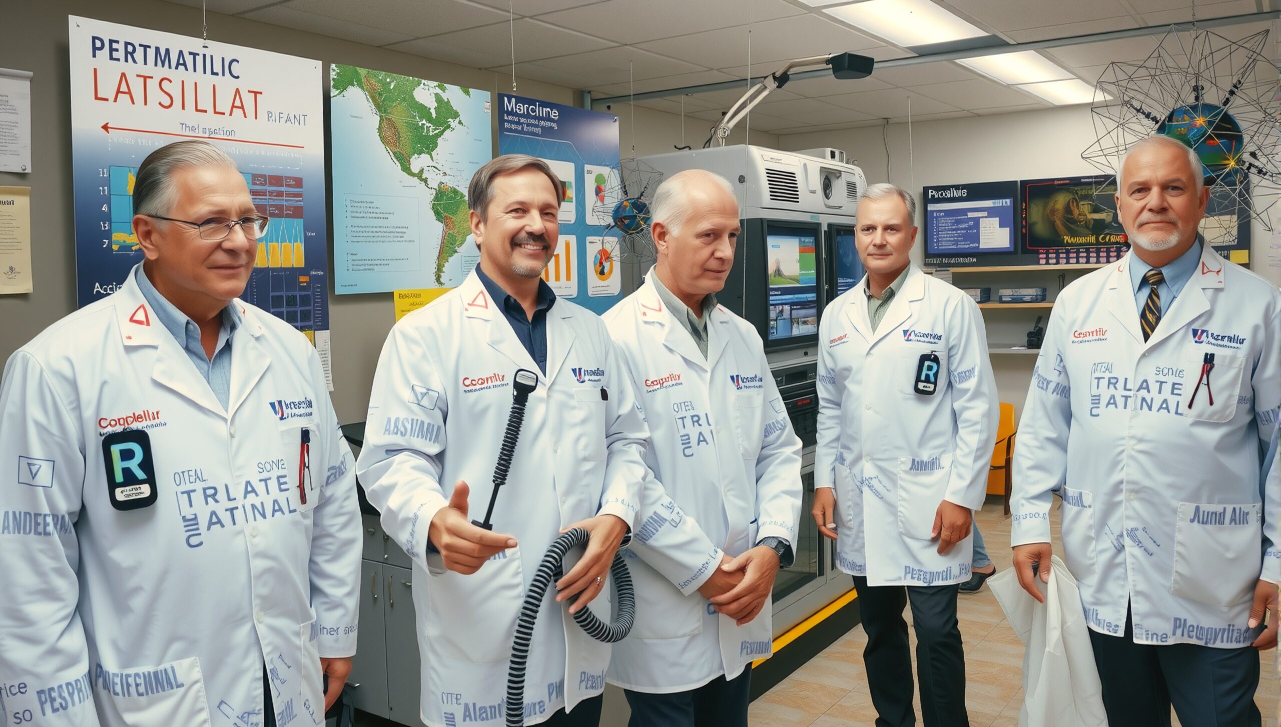 Scientists in a lab with technology and charts.