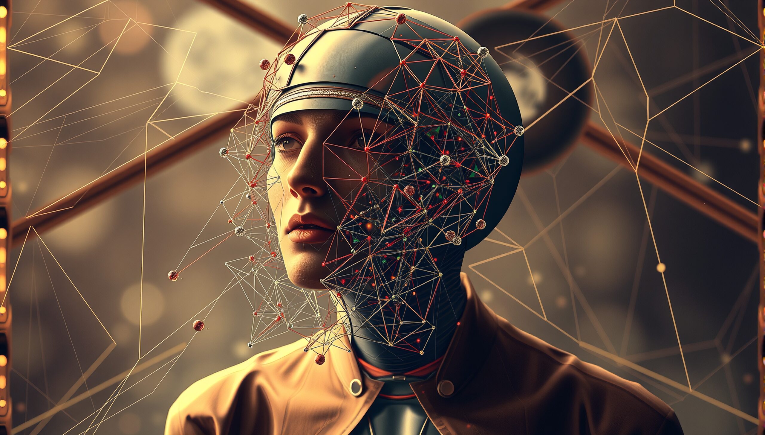 A futuristic figure with a digital network interface on the face.