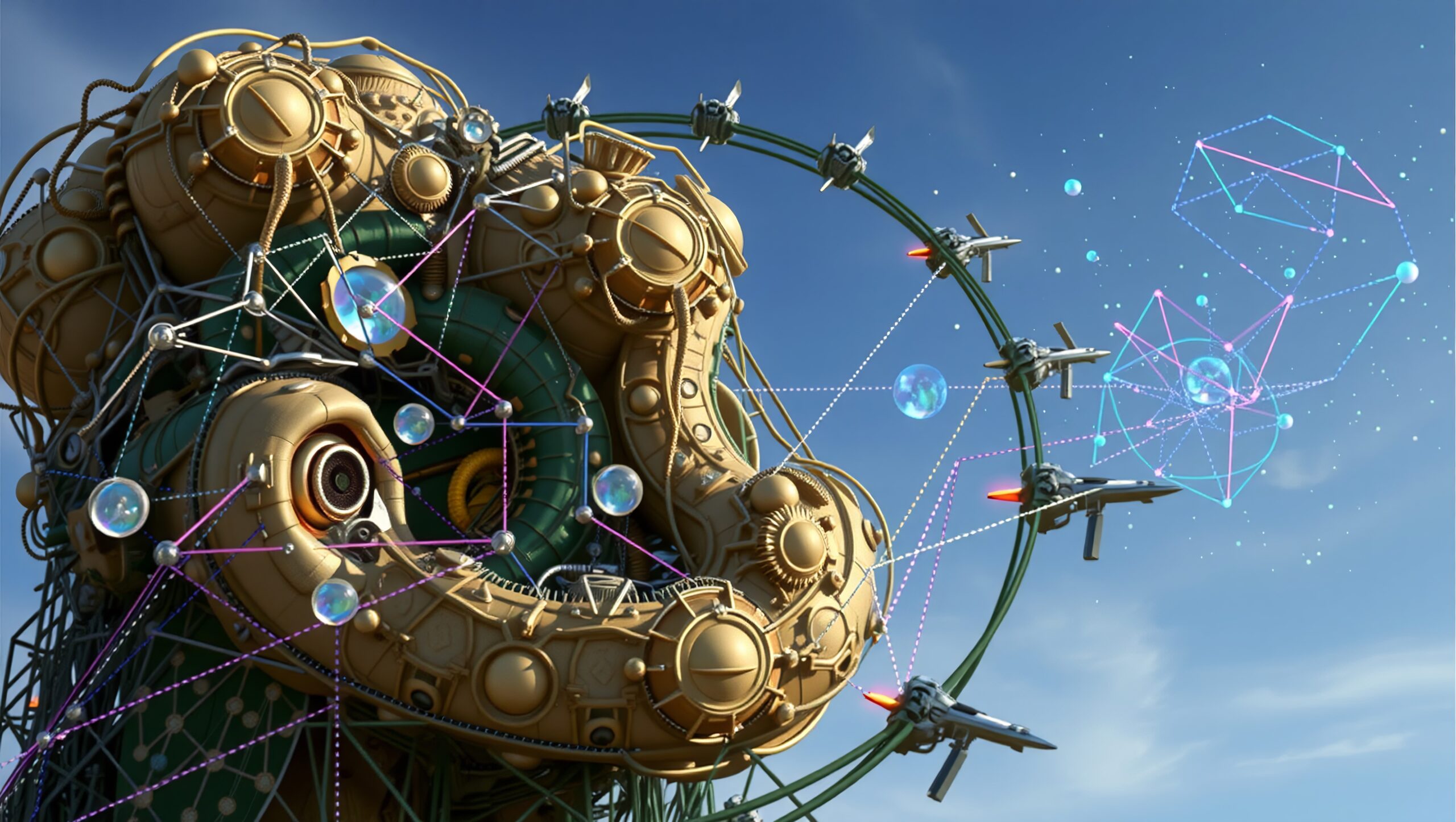 A large steampunk machine with interconnected futuristic drones and geometric patterns against a clear blue sky.