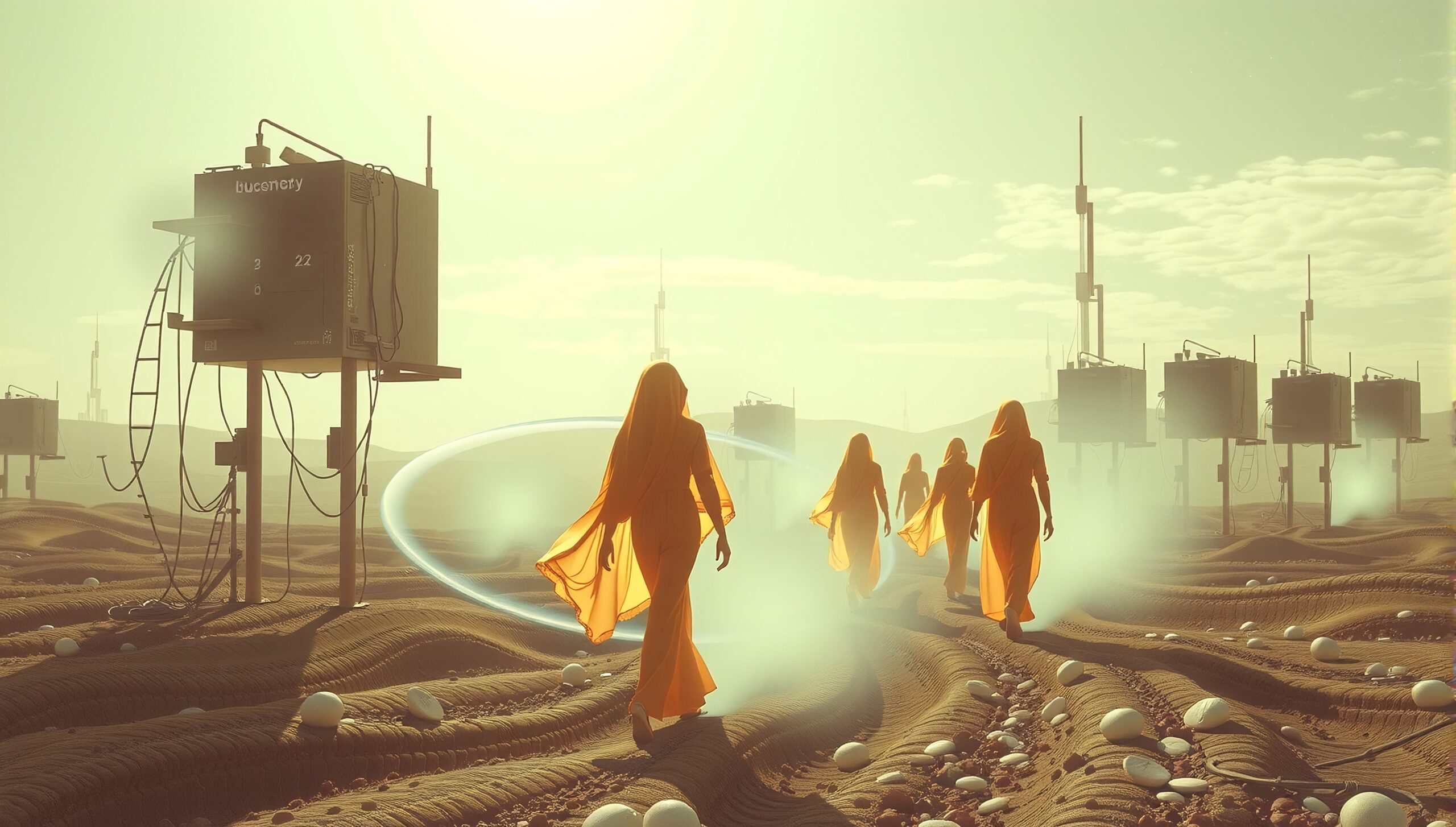 In a futuristic desert landscape, robed figures walk by advanced structures under the sun.