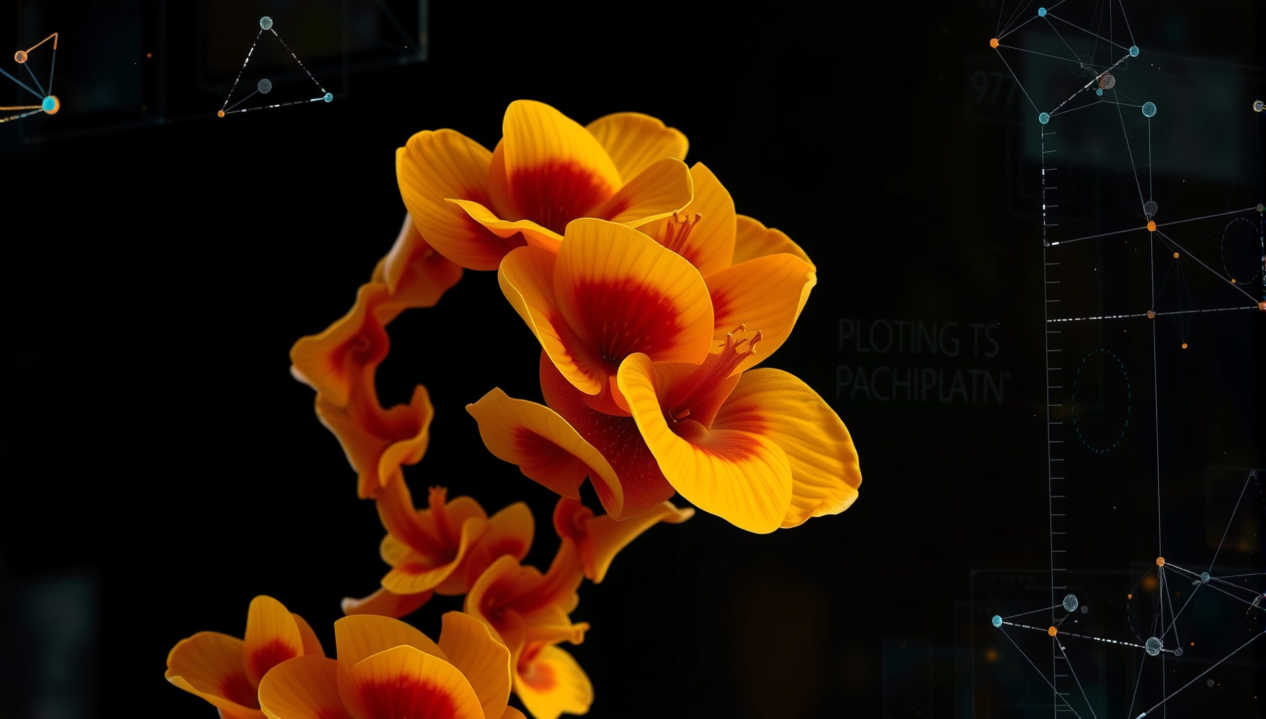 Digital artwork of vibrant orange and red flowers with abstract geometric patterns.