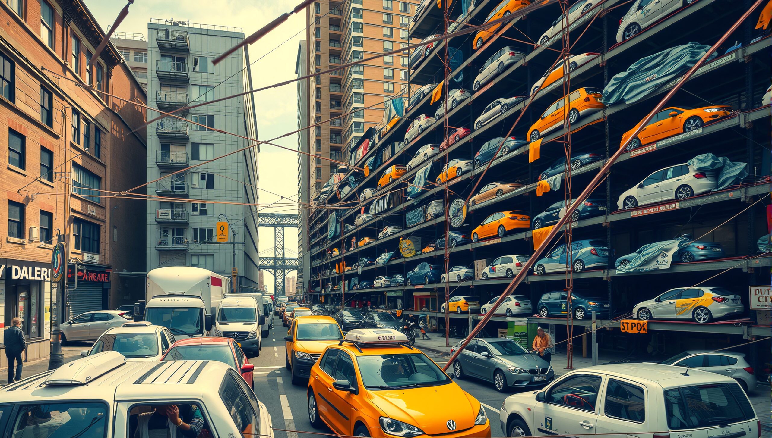 Image of a busy city street with a unique multi-level parking structure showcasing stacked cars against towering buildings.