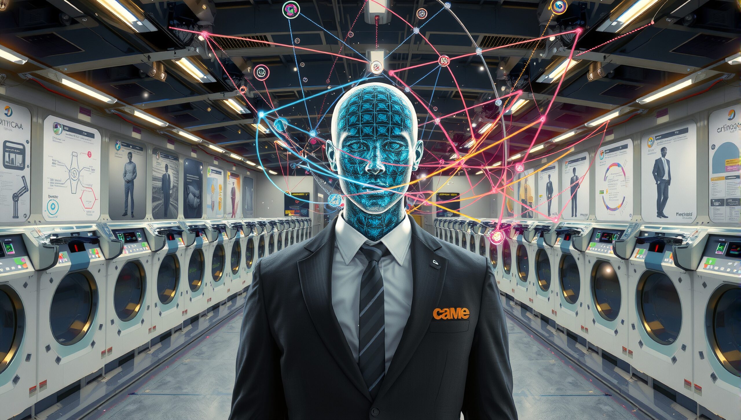 Image of a futuristic AI humanoid in a high-tech laundromat with interconnected data lines and advanced washing machines.