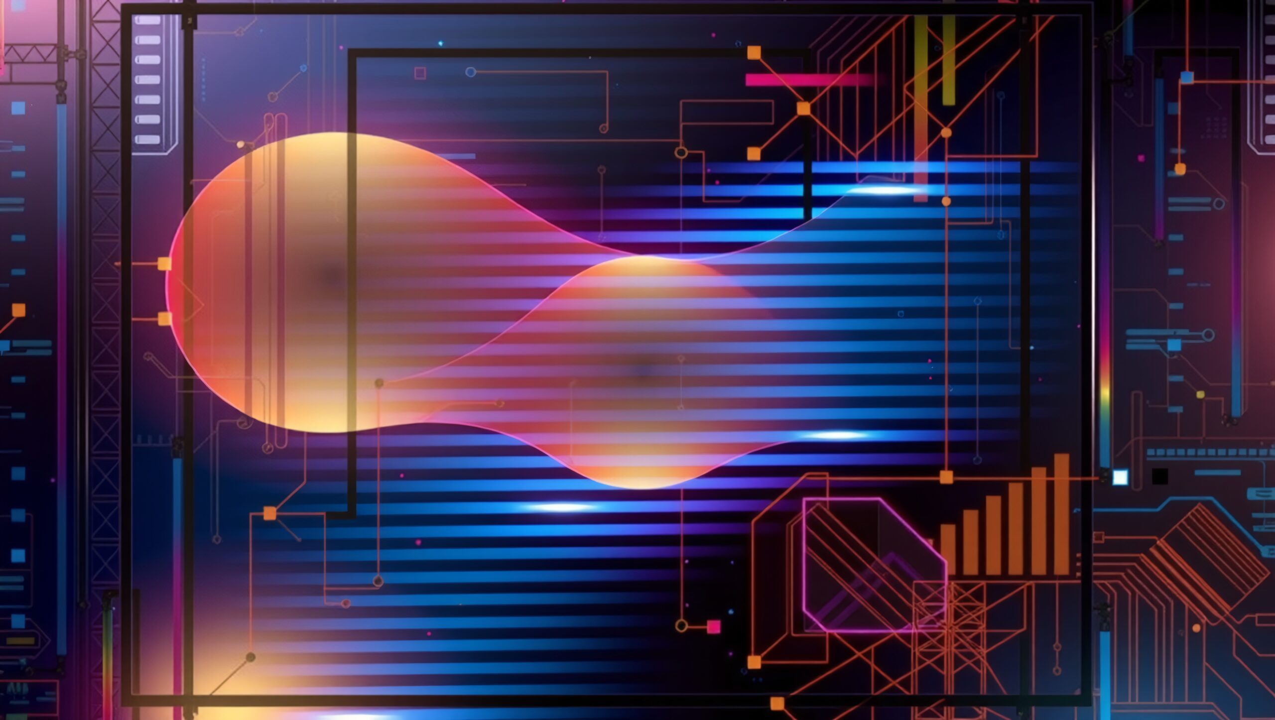 Abstract digital art with geometric shapes and vibrant colors against a circuit-like background.