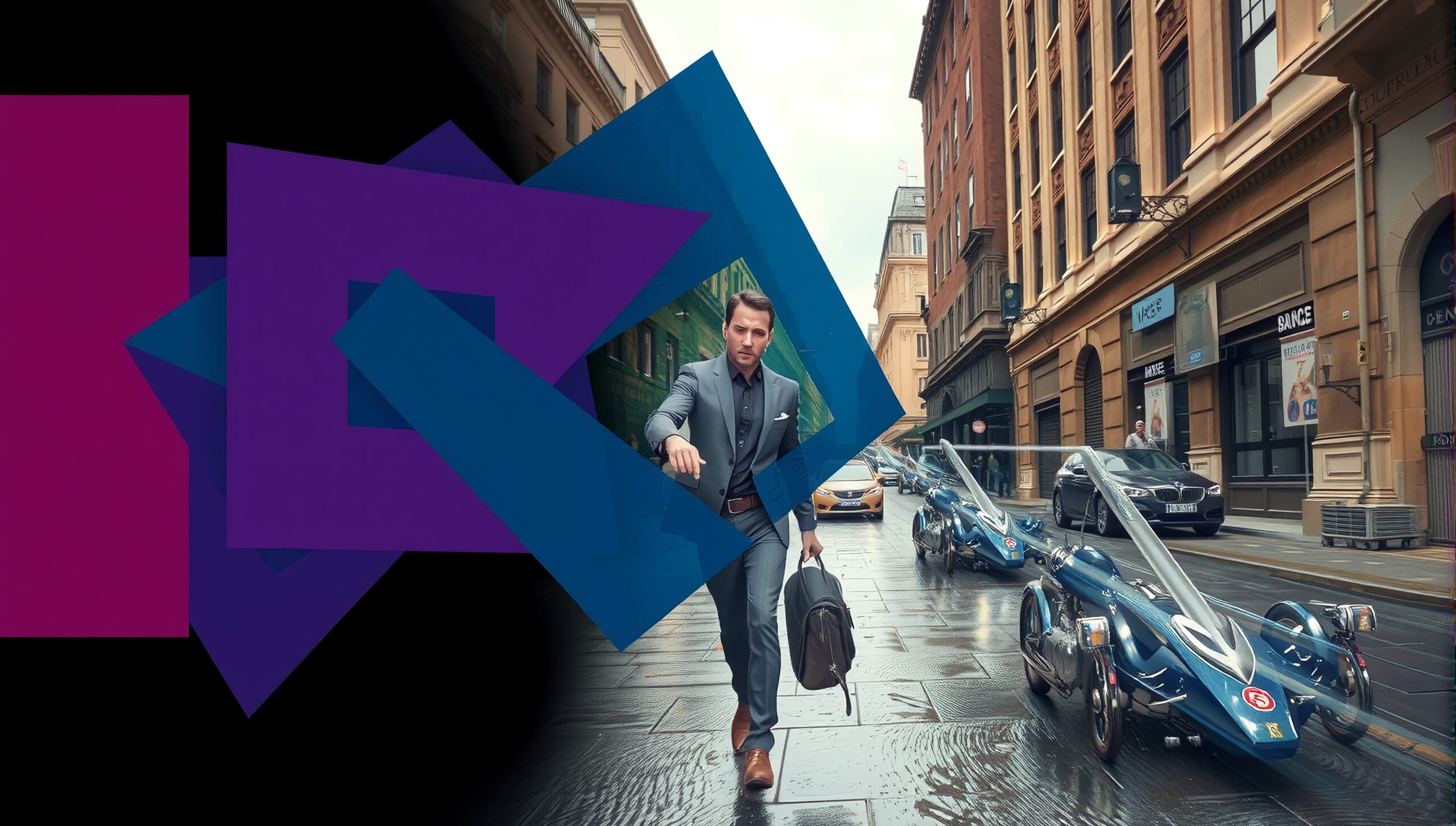 A sharply dressed man walking down a stylish city street with futuristic vehicles and abstract shapes.