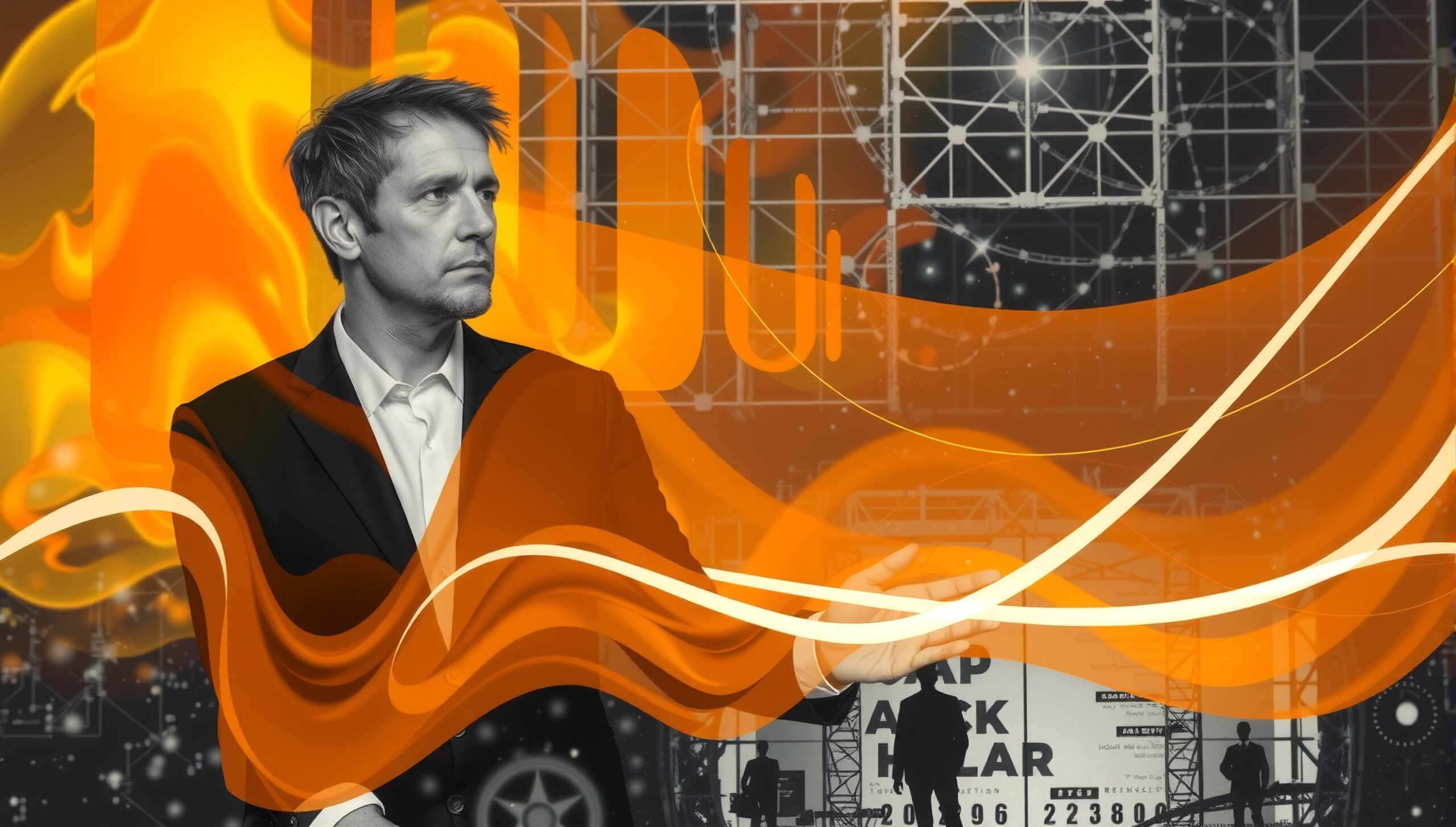 A man stands with vibrant orange and yellow waves swirling around, set against a futuristic and dynamic background.