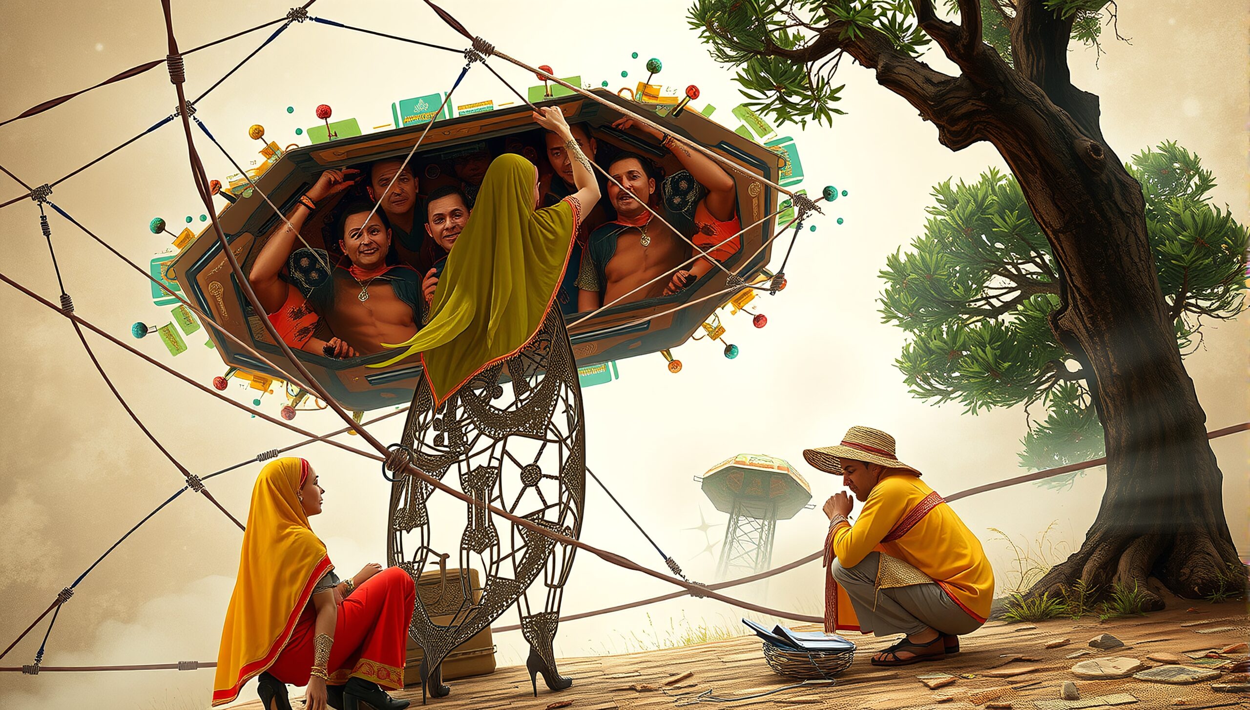Surreal scene of people in a vibrant, floating vehicle amidst a natural setting.