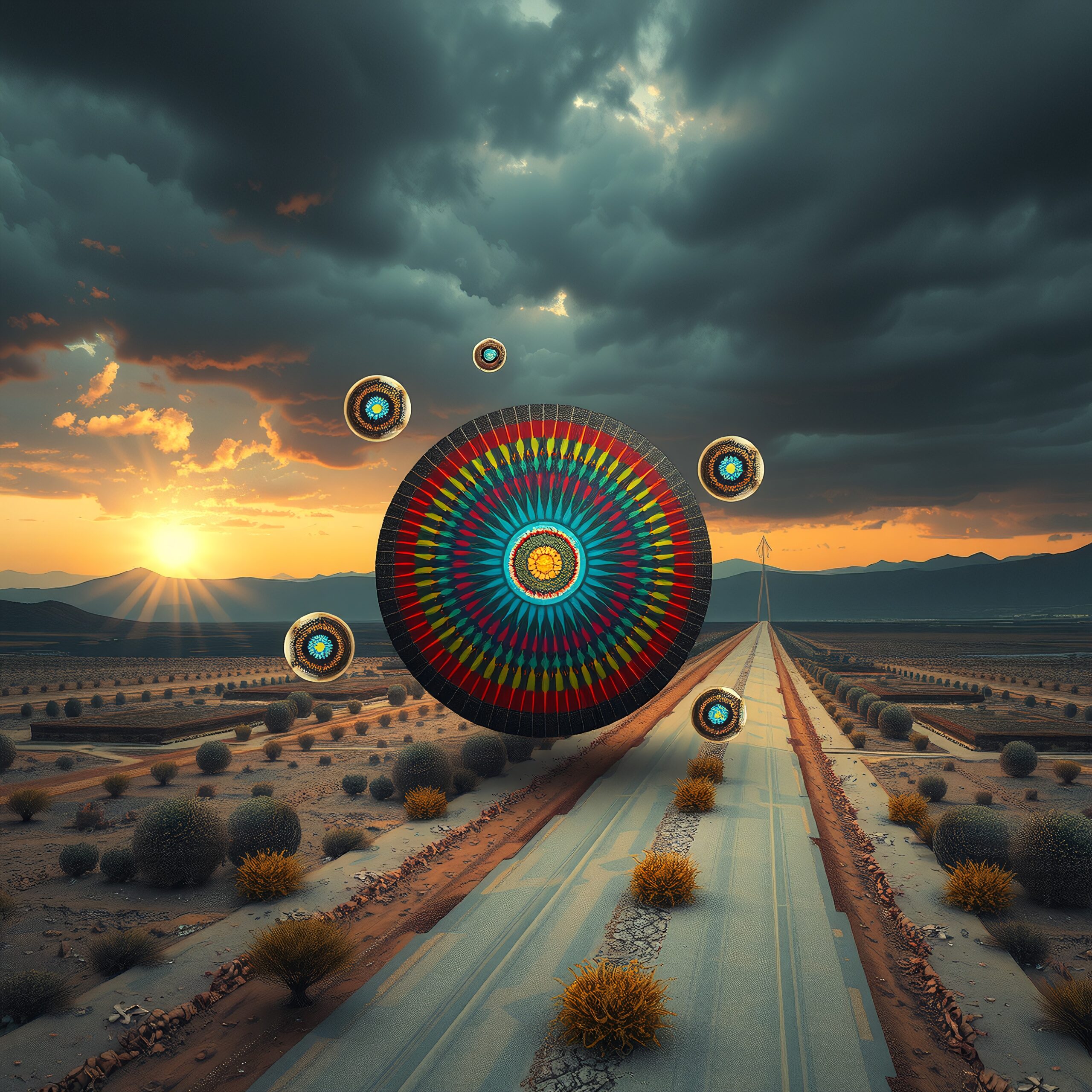 A surreal landscape with colorful mandala spheres hovering over a desert road at sunset.