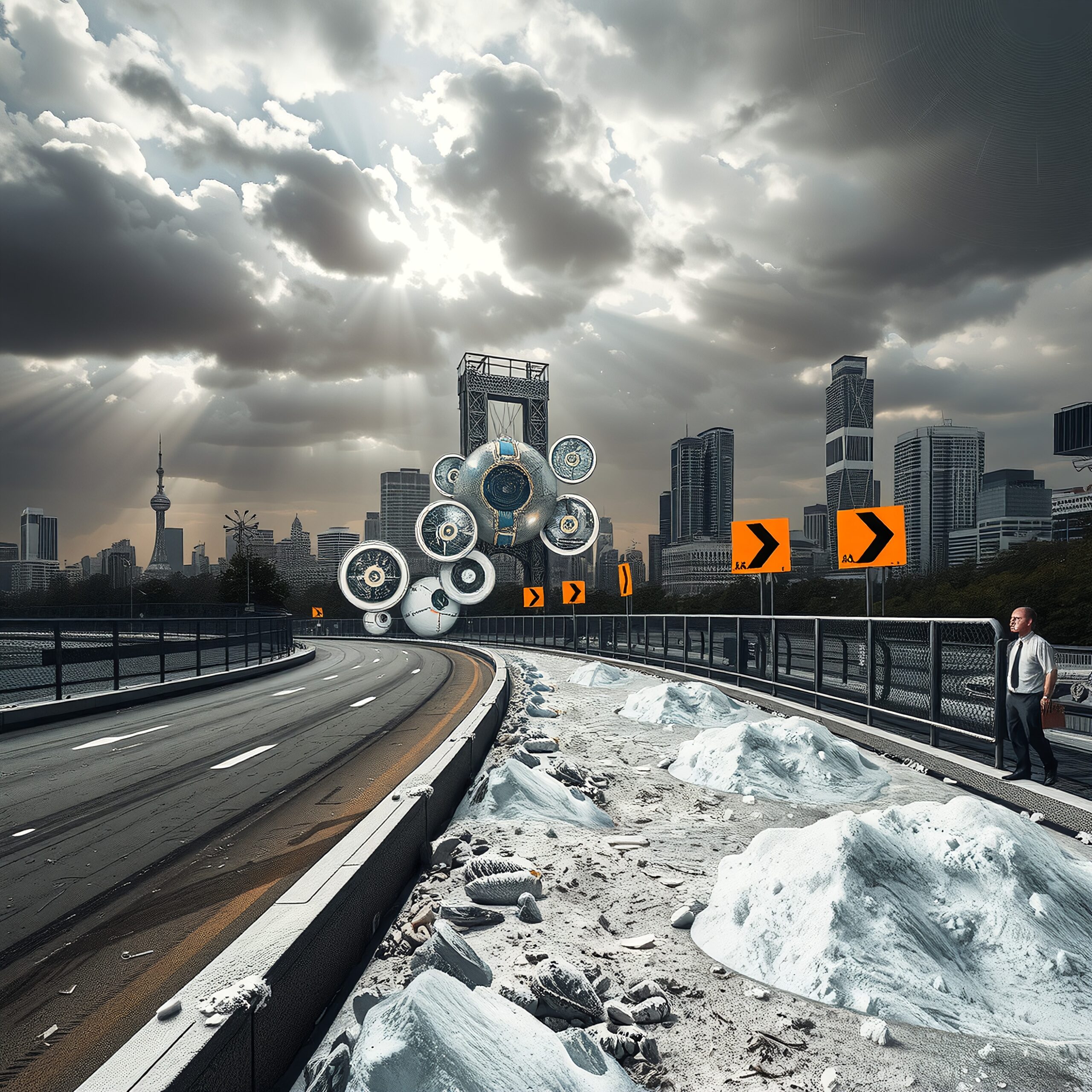 Futuristic urban landscape with hovering drones and modern skyline under dramatic skies.