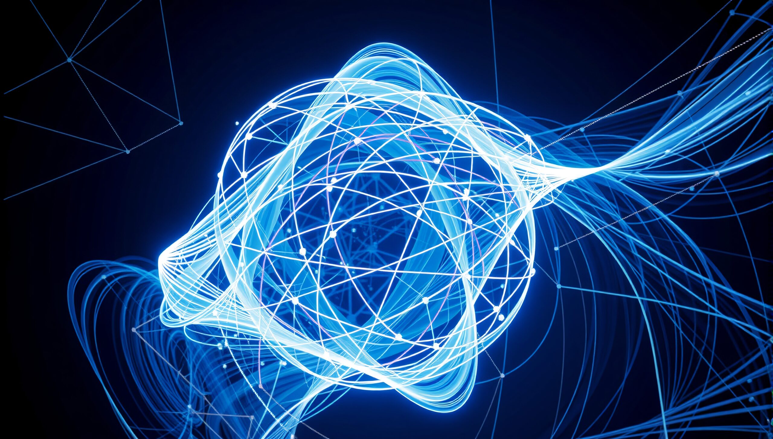 Abstract digital network with swirling blue lines.