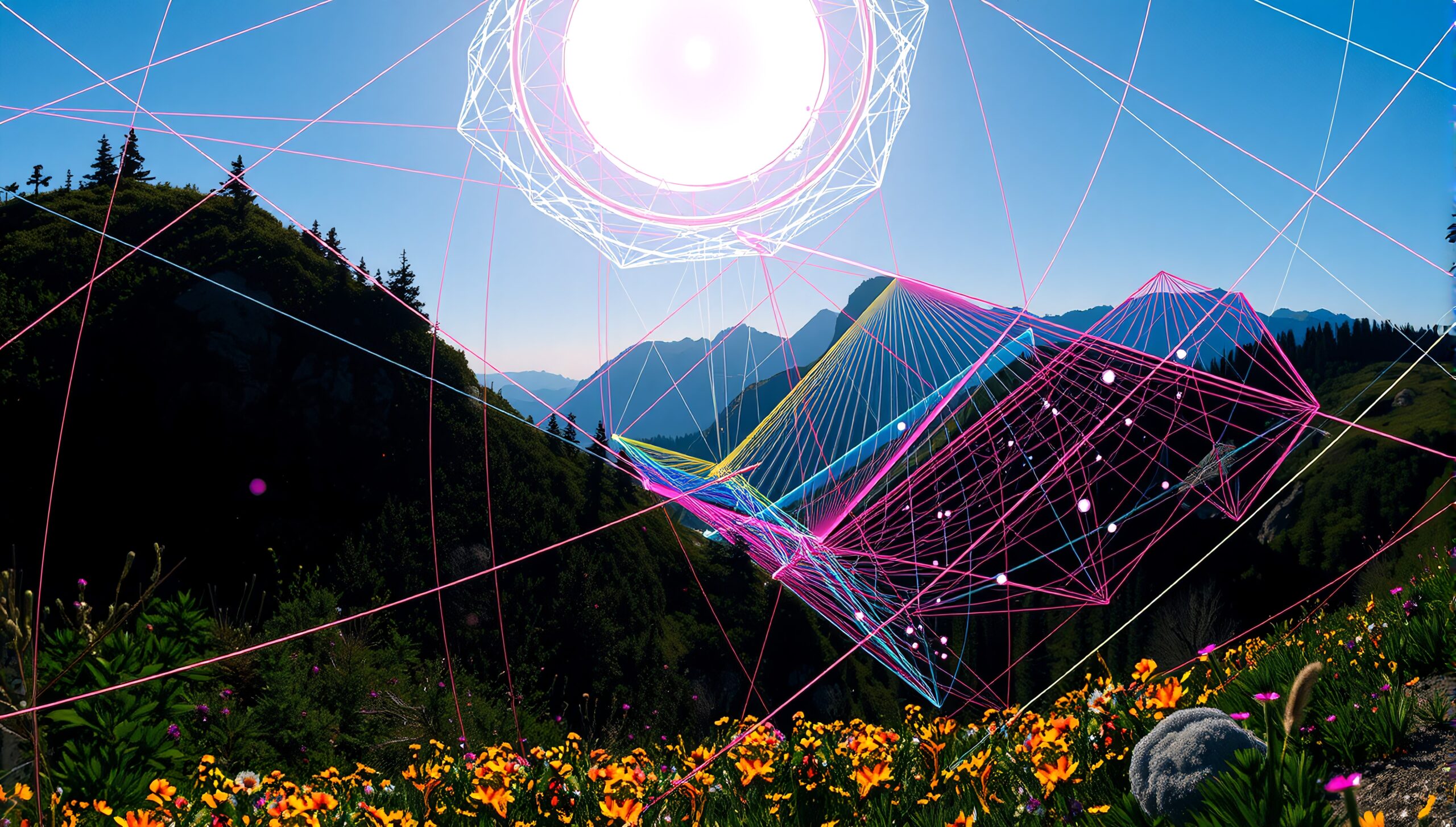 Abstract geometric overlay on a scenic mountain landscape with flowers in the foreground.