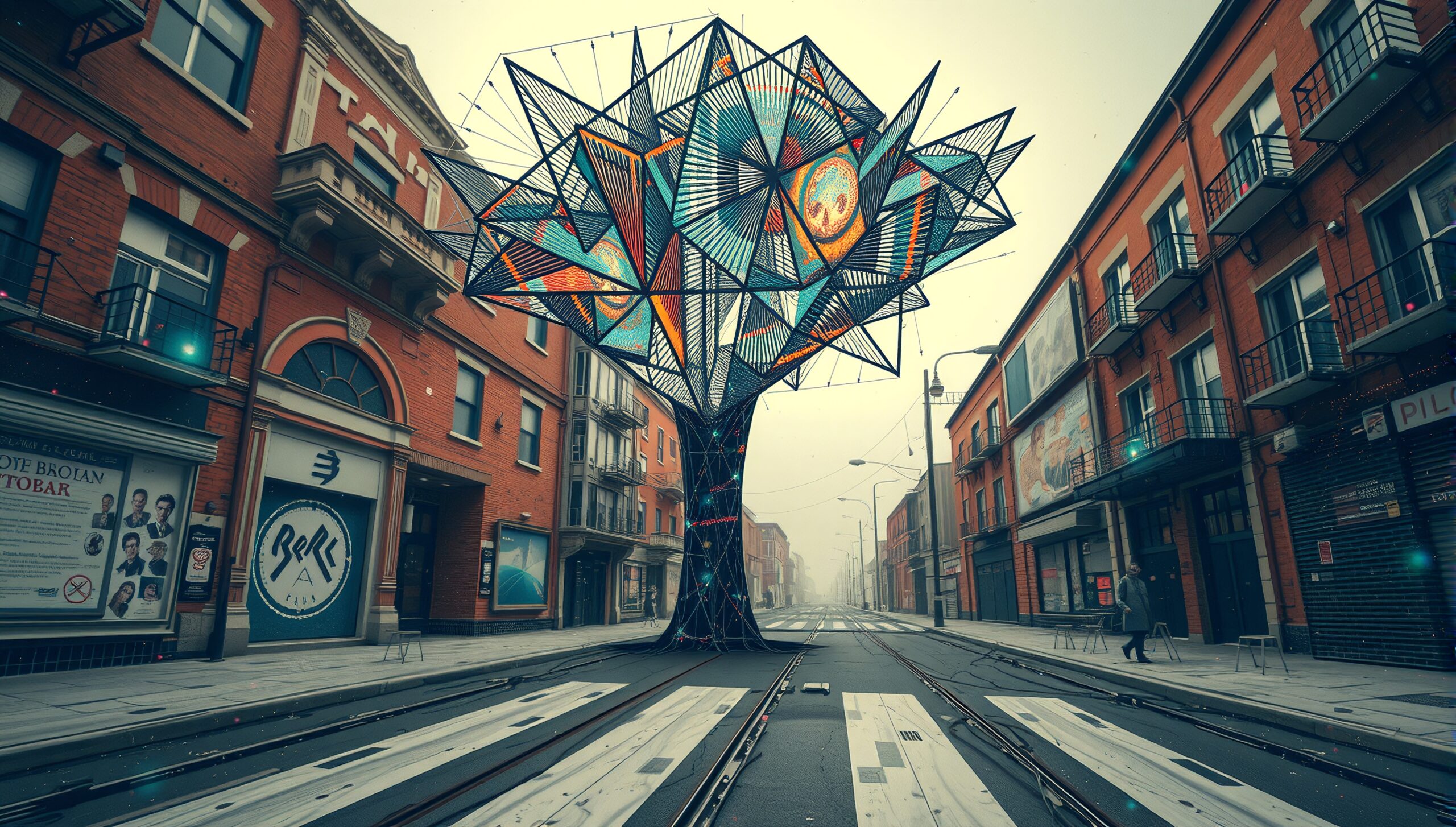 Surreal urban street with artistic tree structure.