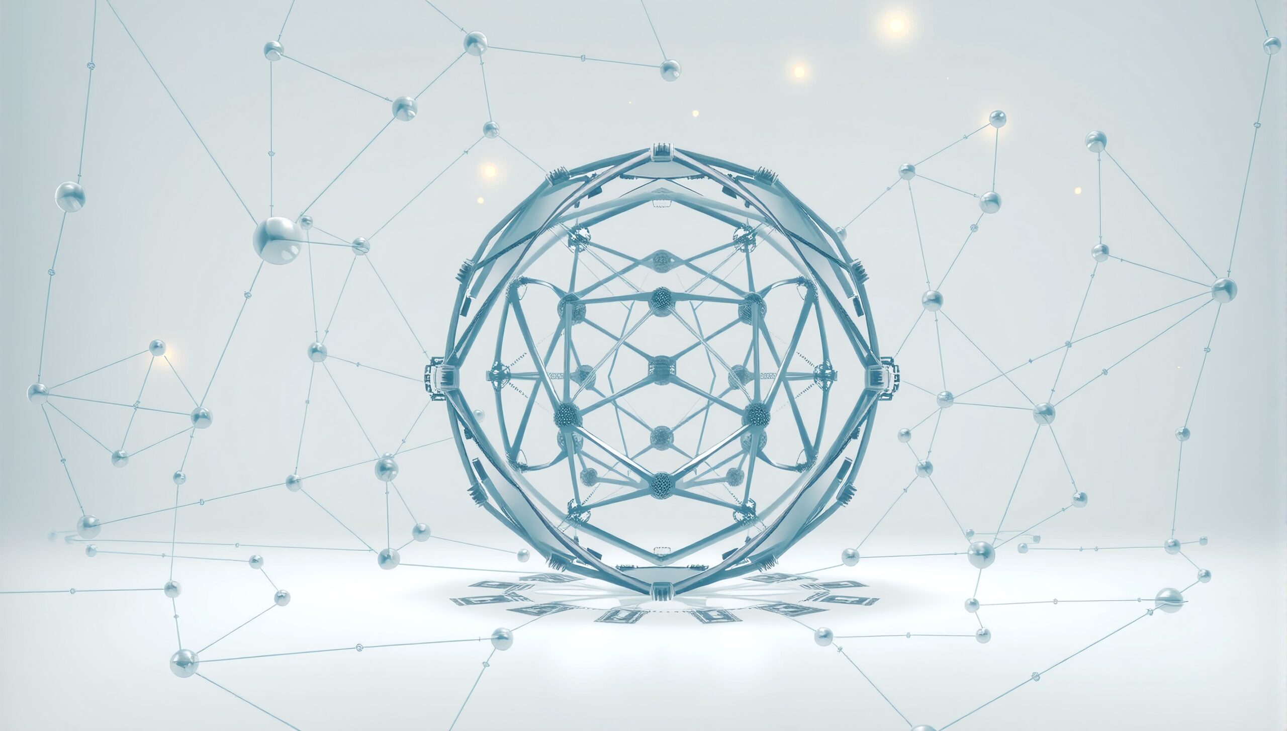 A complex geometric sphere with interconnected nodes and lines in a futuristic, digital setting.