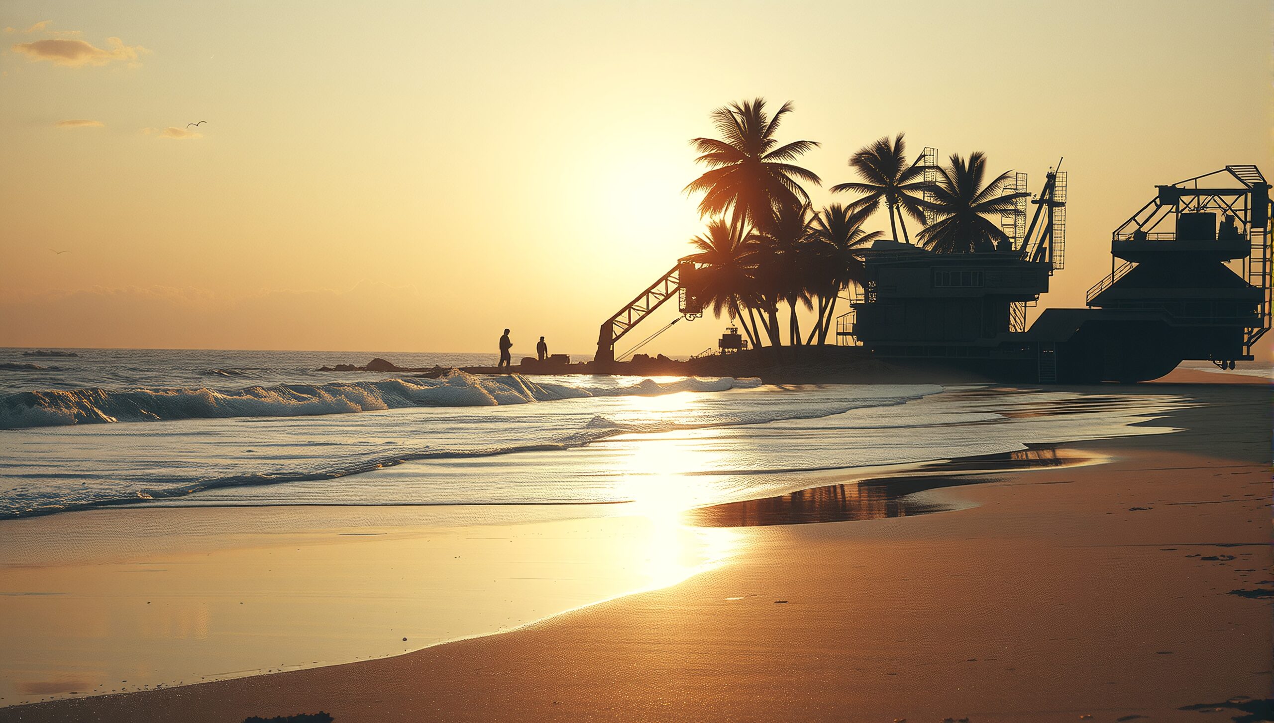 A beautiful beach sunset with palm trees and gentle waves reflecting the golden light.
