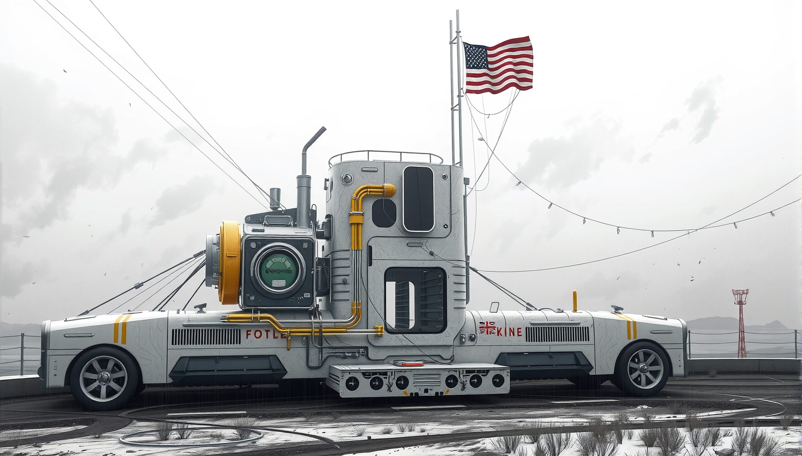 Futuristic vehicle with American flag against a cloudy sky, emphasizing industrial design.