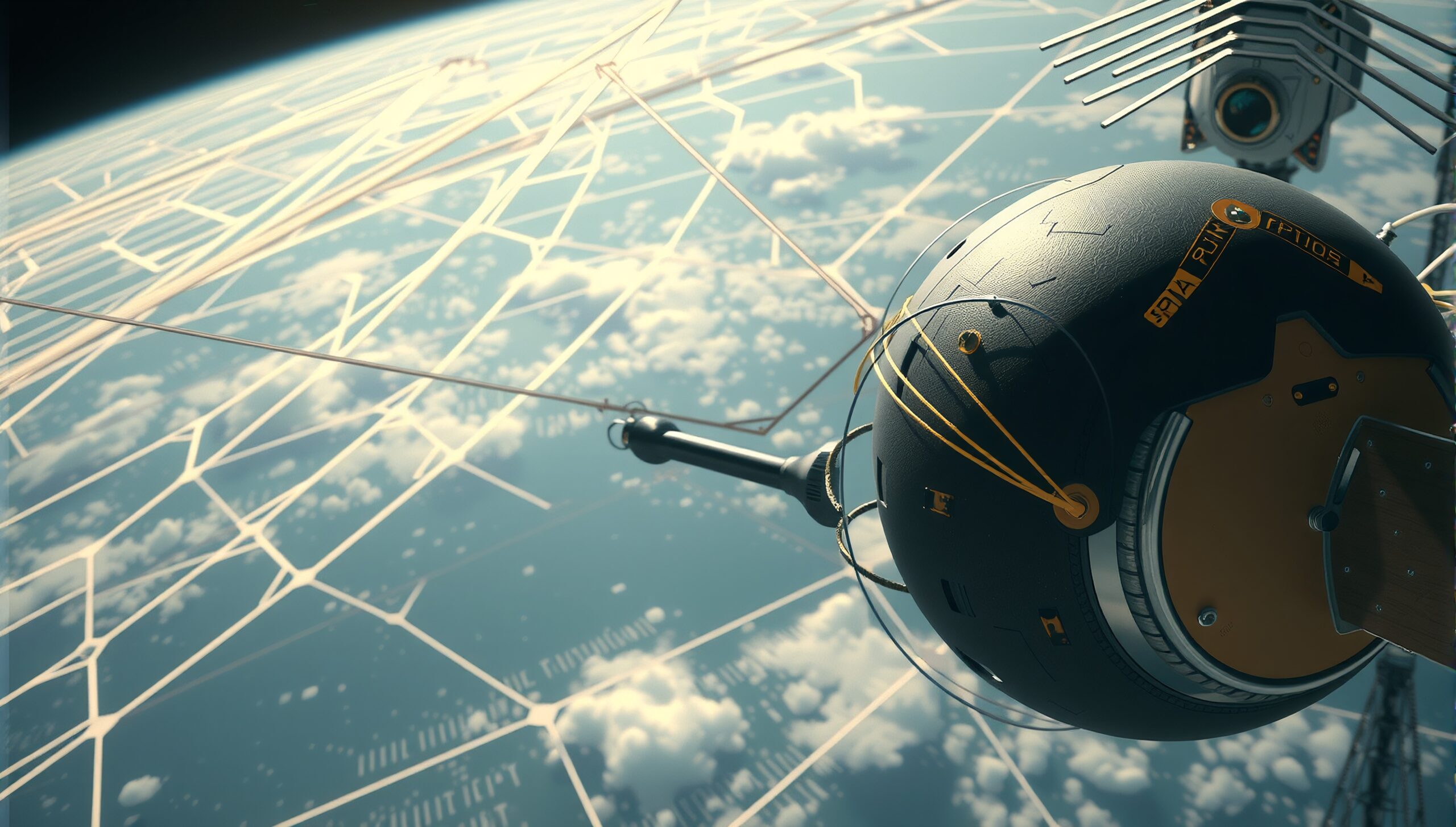 A futuristic satellite with antennas orbits Earth, highlighting a grid of glowing network lines.