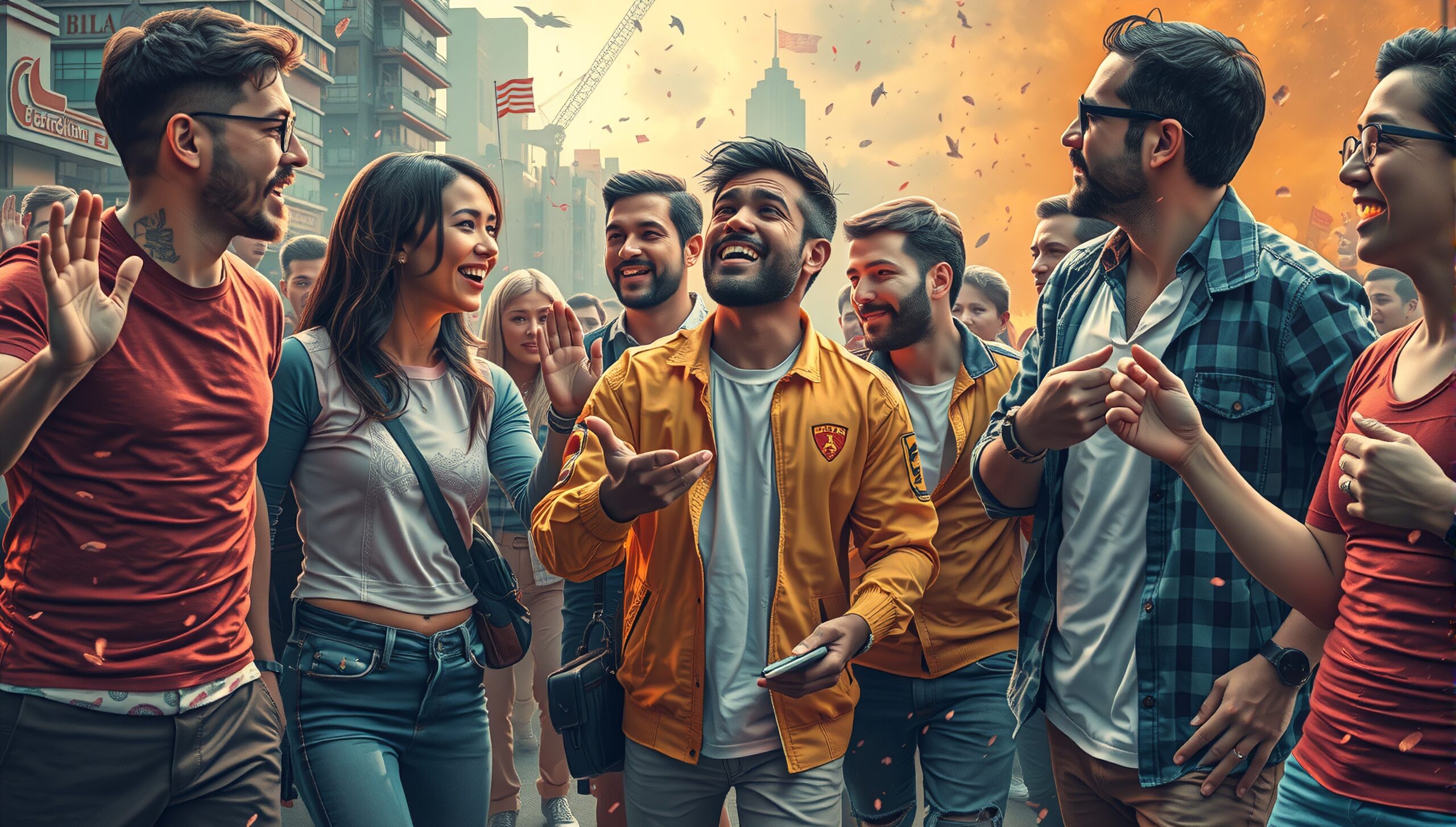 Young adults joyously gathered, celebrating together on a vibrant city street.