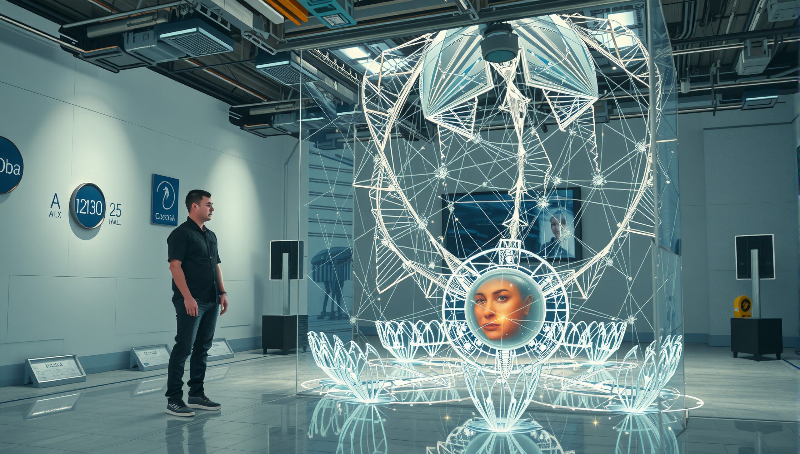 A man admires a futuristic light sculpture in an industrial exhibition space, featuring digital art.