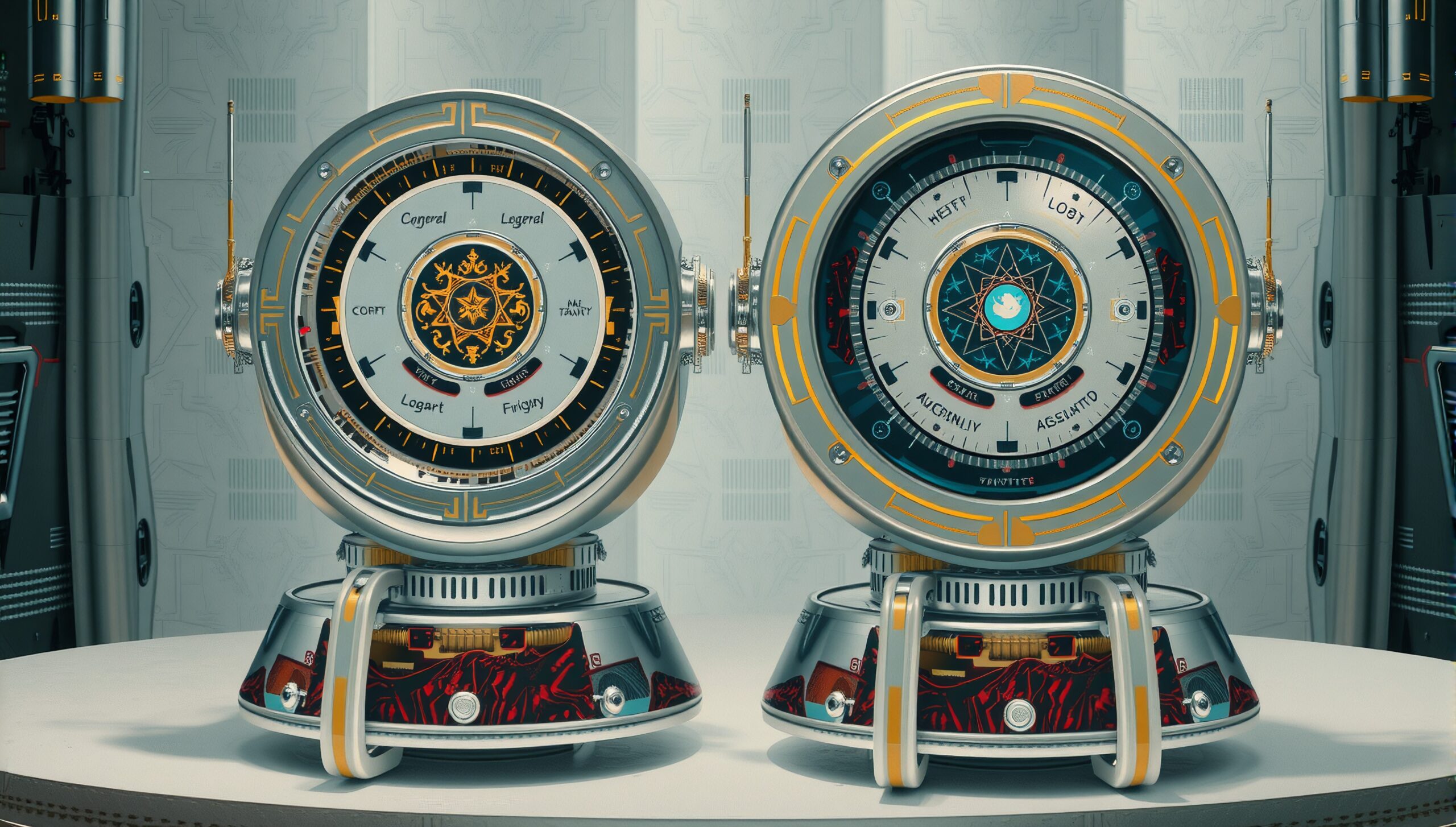 Futuristic circular devices with dials, symbols, and accents.