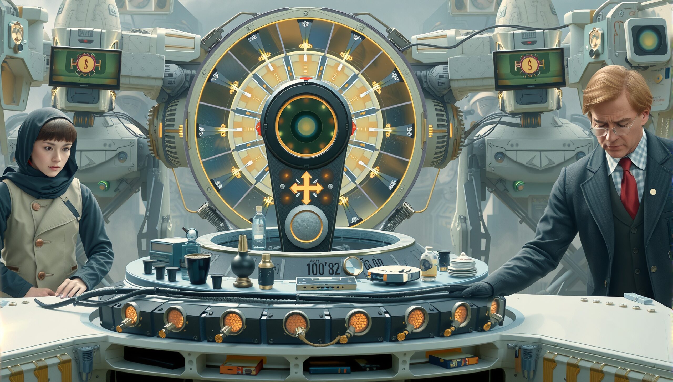 A futuristic control room with two people interacting at a high-tech panel featuring robotic elements and glowing symbols.