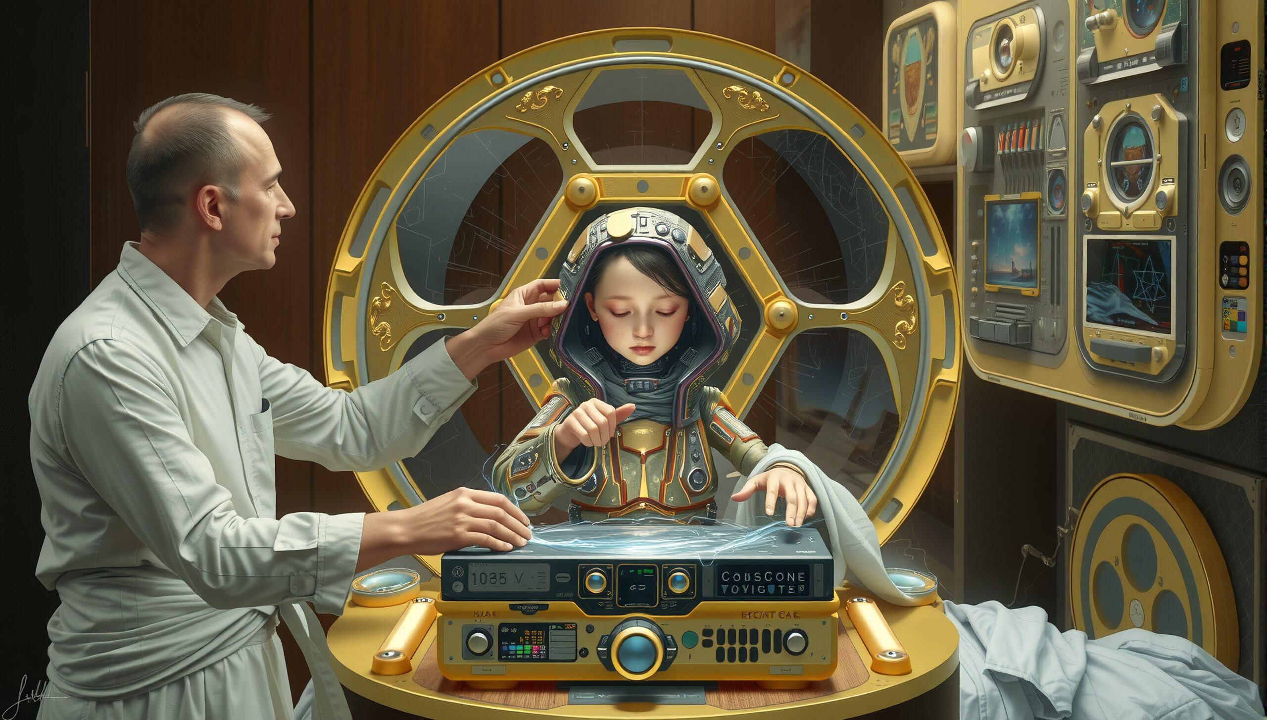 A futuristic scene showing a man adjusting a young astronaut's helmet inside a high-tech pod, surrounded by advanced technology.