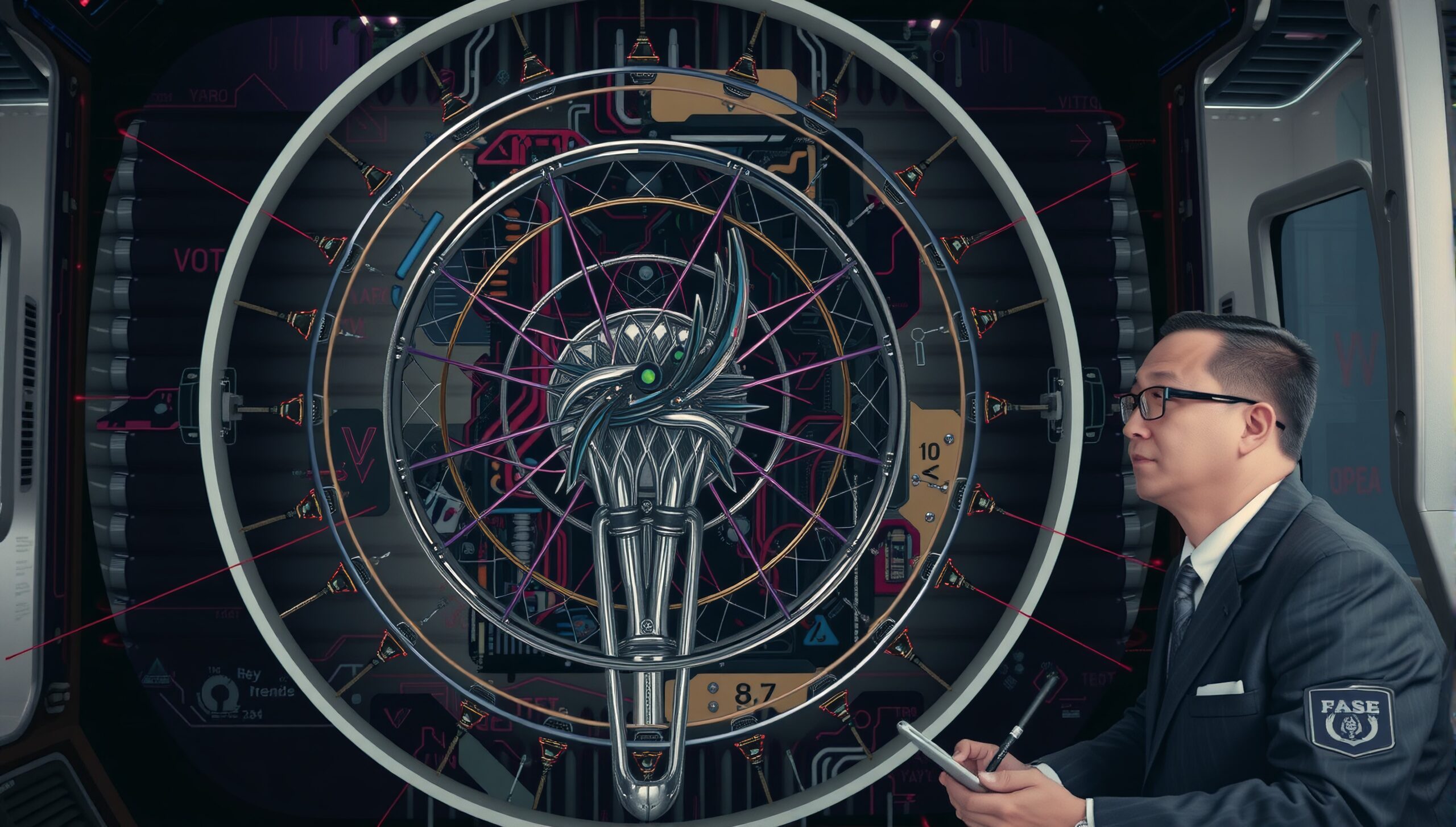 A man in a suit inspects a futuristic circular mechanism with digital displays and intricate designs in a high-tech setting.