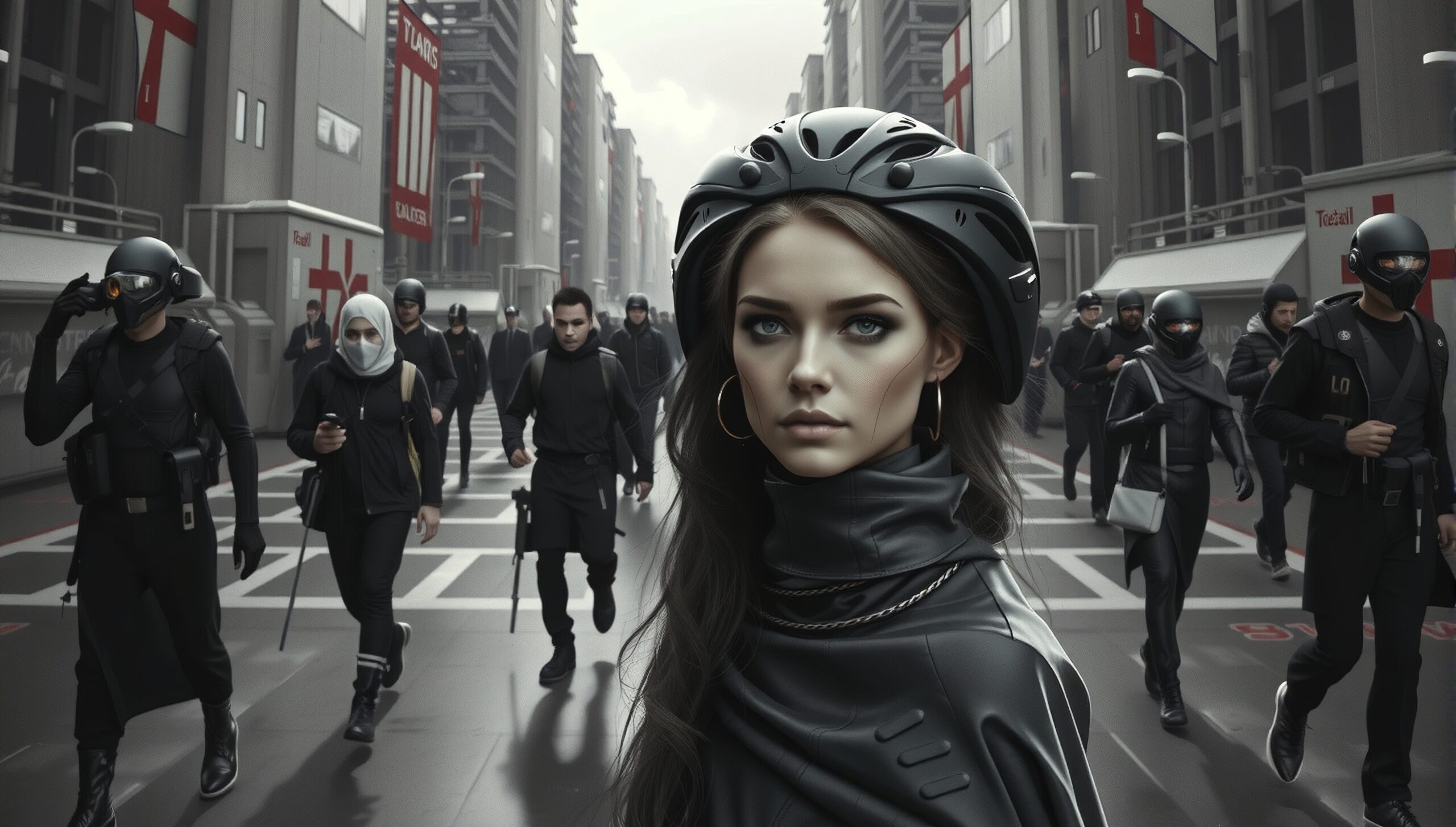 Futuristic urban scene with individuals wearing sleek black attire and helmets walking through a modern city.