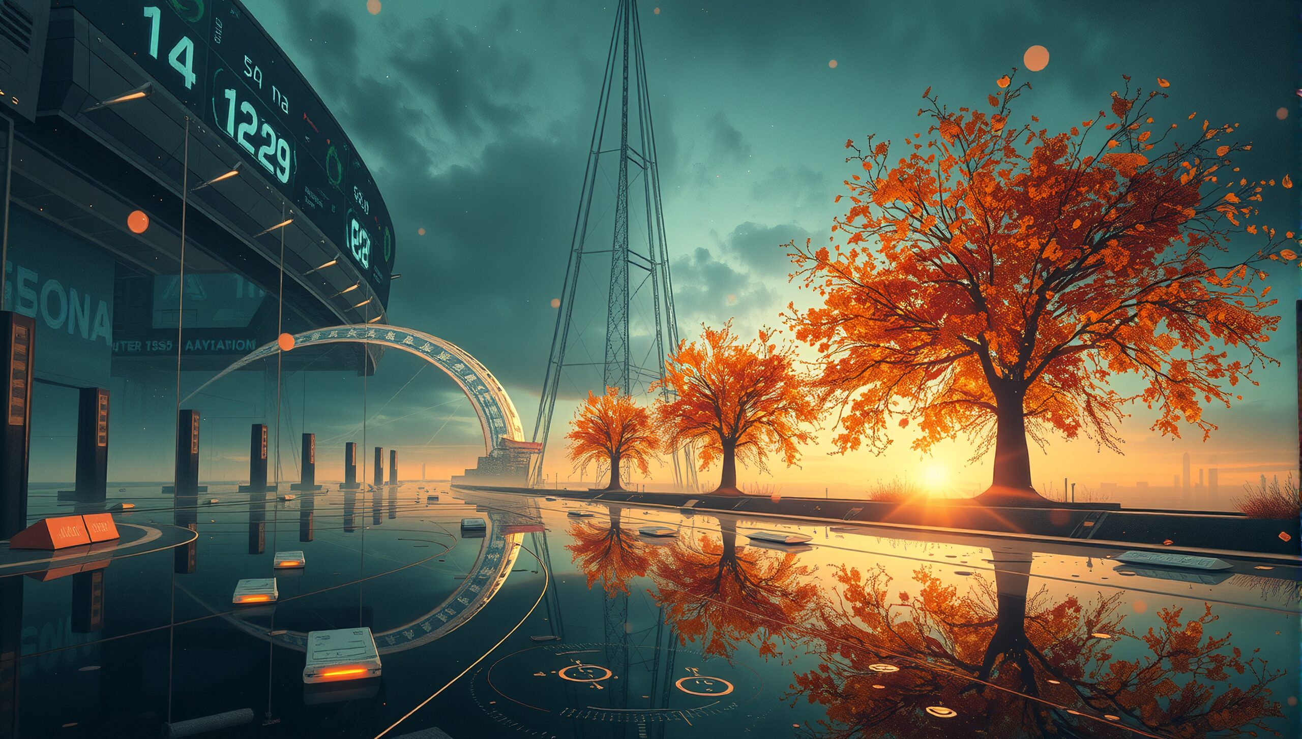 Futuristic landscape with orange trees reflecting on calm water at sunset, featuring industrial structures.