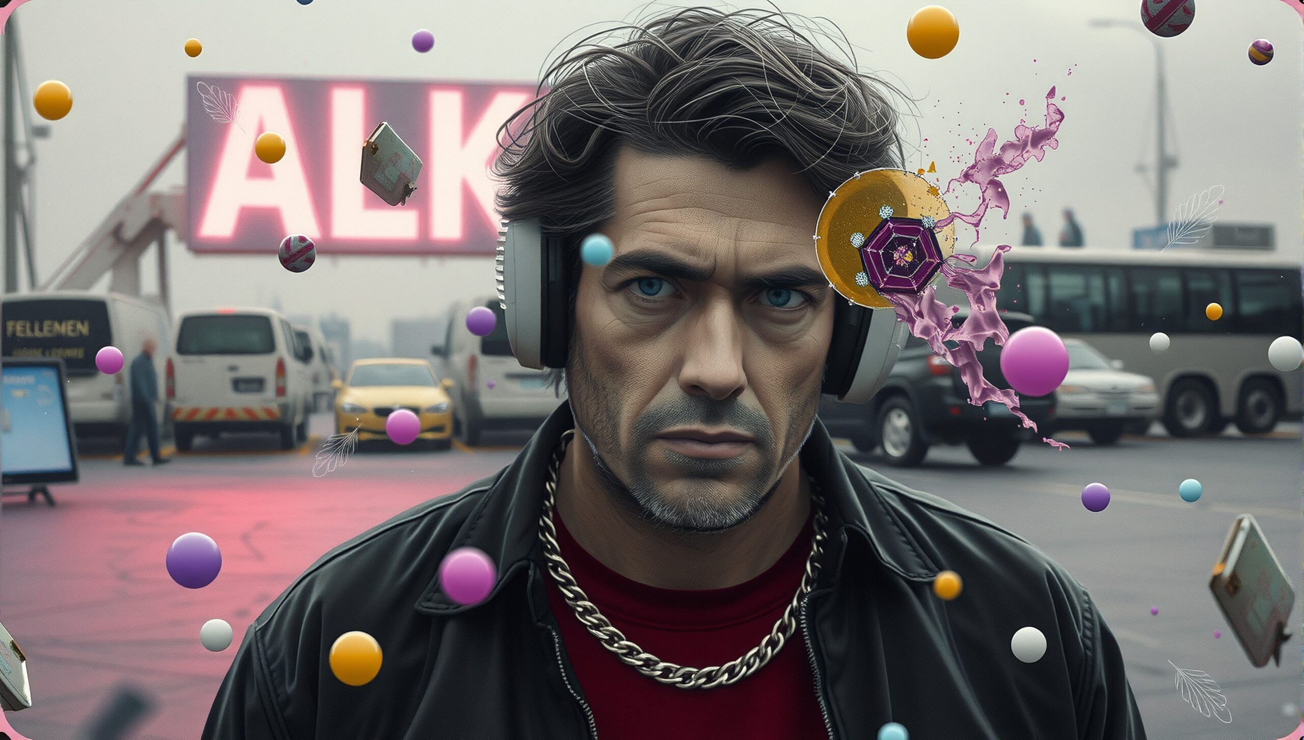 A man in a city with surreal elements, wearing headphones and a leather jacket, surrounded by colorful orbs.