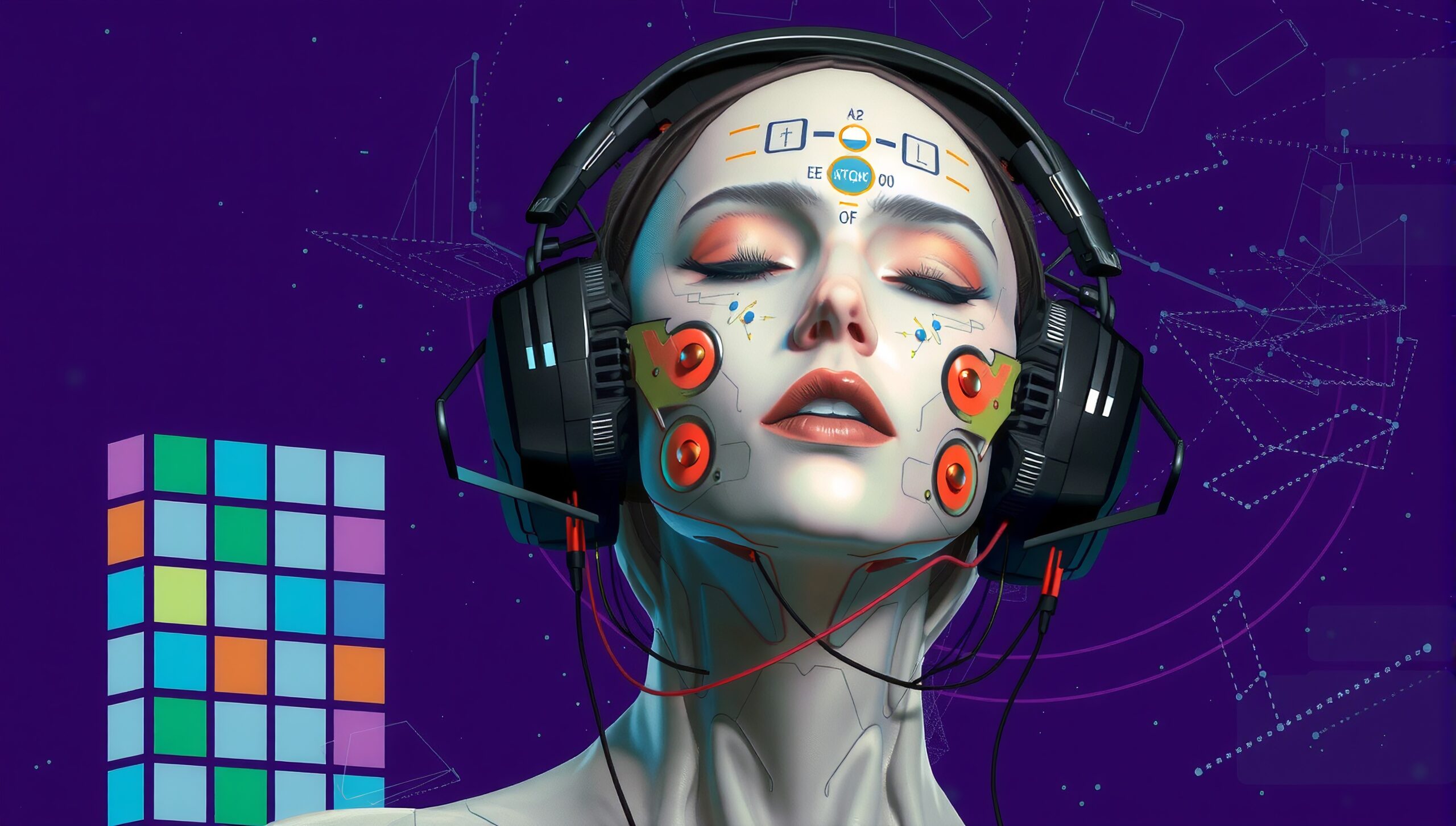 Futuristic portrait of human-like figure with digital designs and headphones, set against a purple background with geometric shapes.