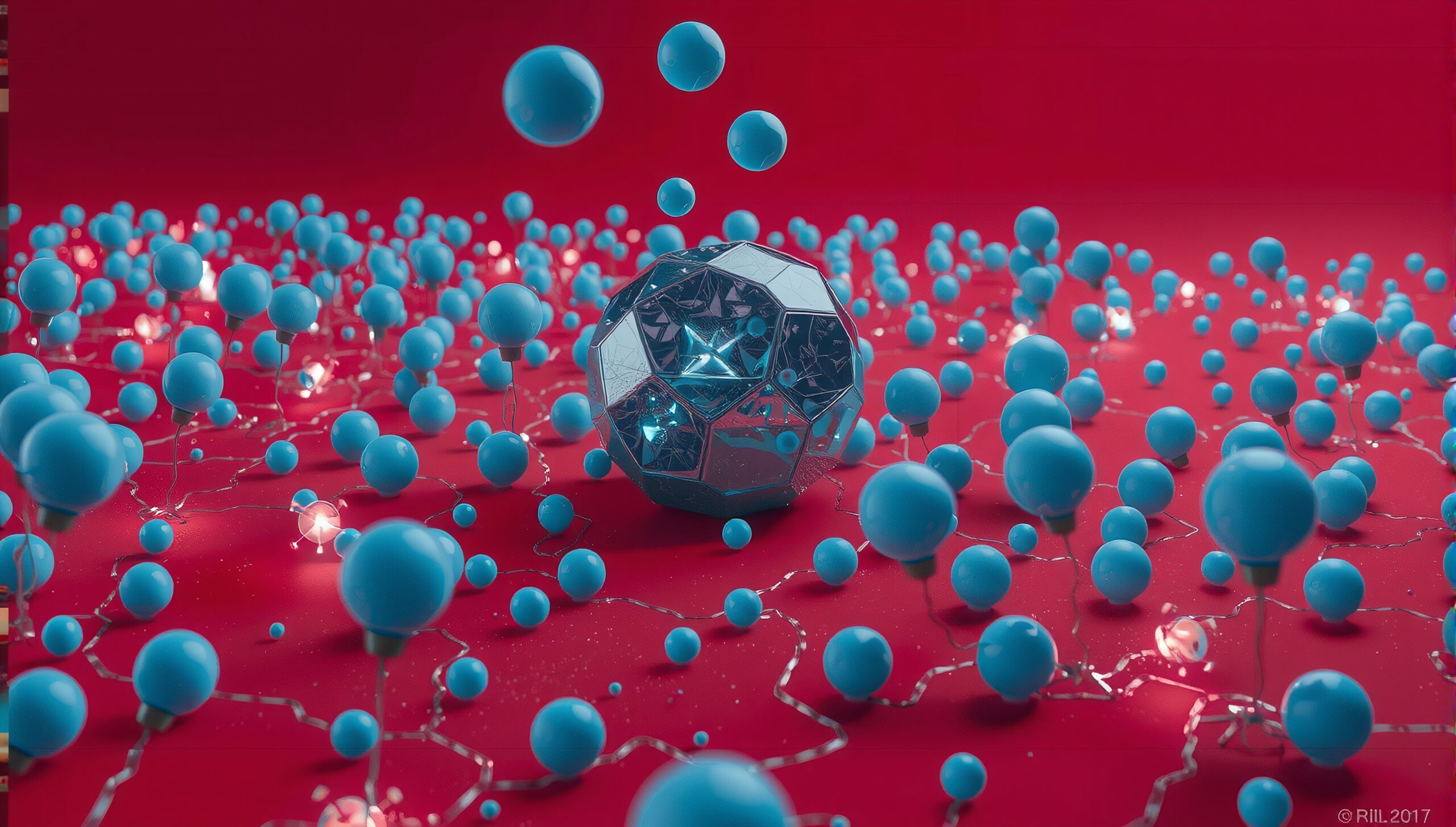 3D rendering of glossy blue spheres floating over a red background with a central polyhedral structure.