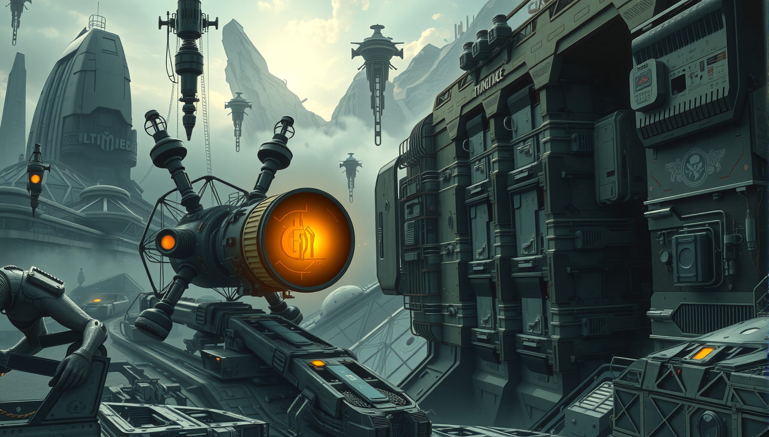 Futuristic industrial scene with advanced technology and hovering structures.