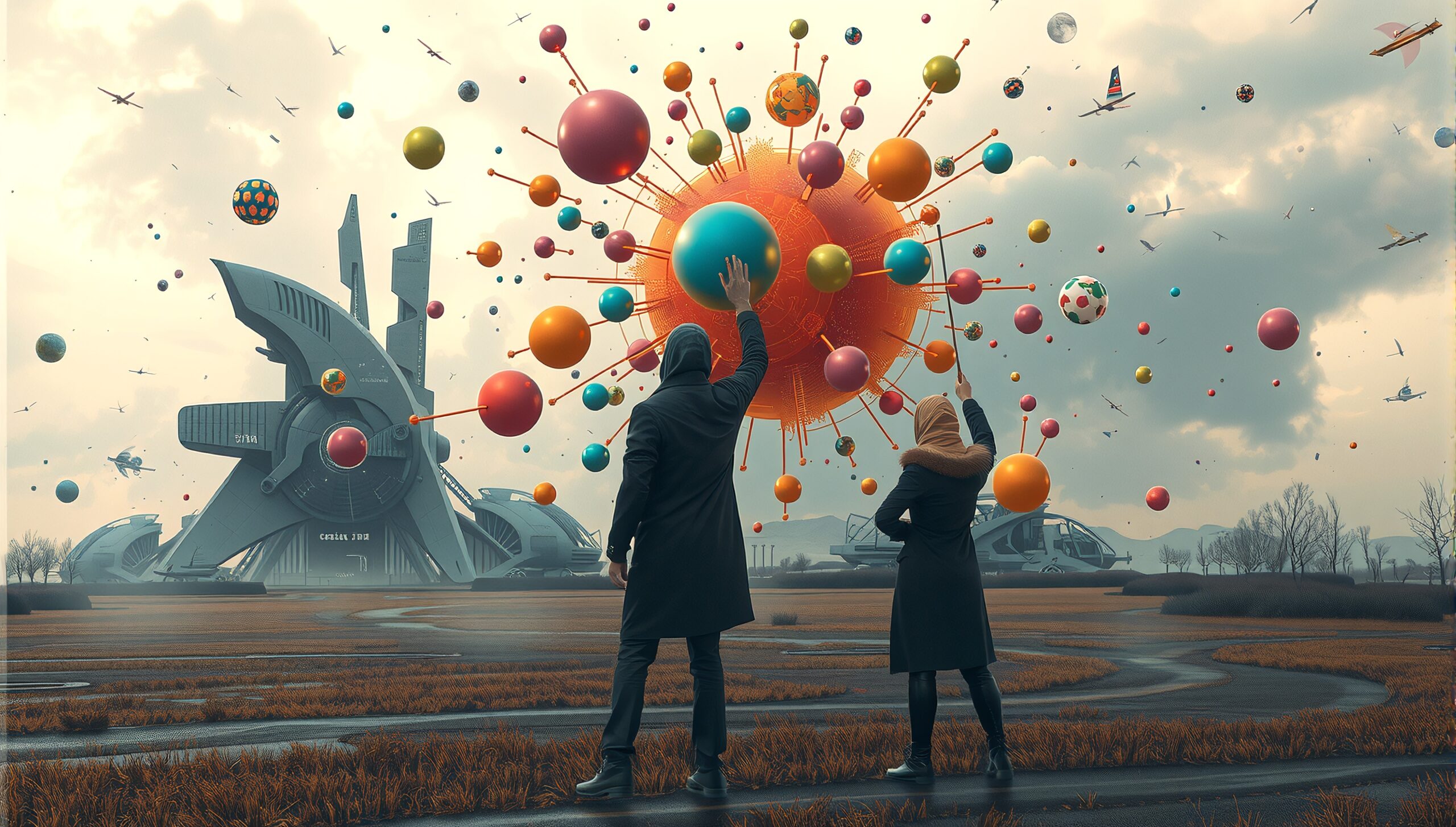 A futuristic landscape with figures interacting with colorful, floating spheres against a dramatic sci-fi backdrop.