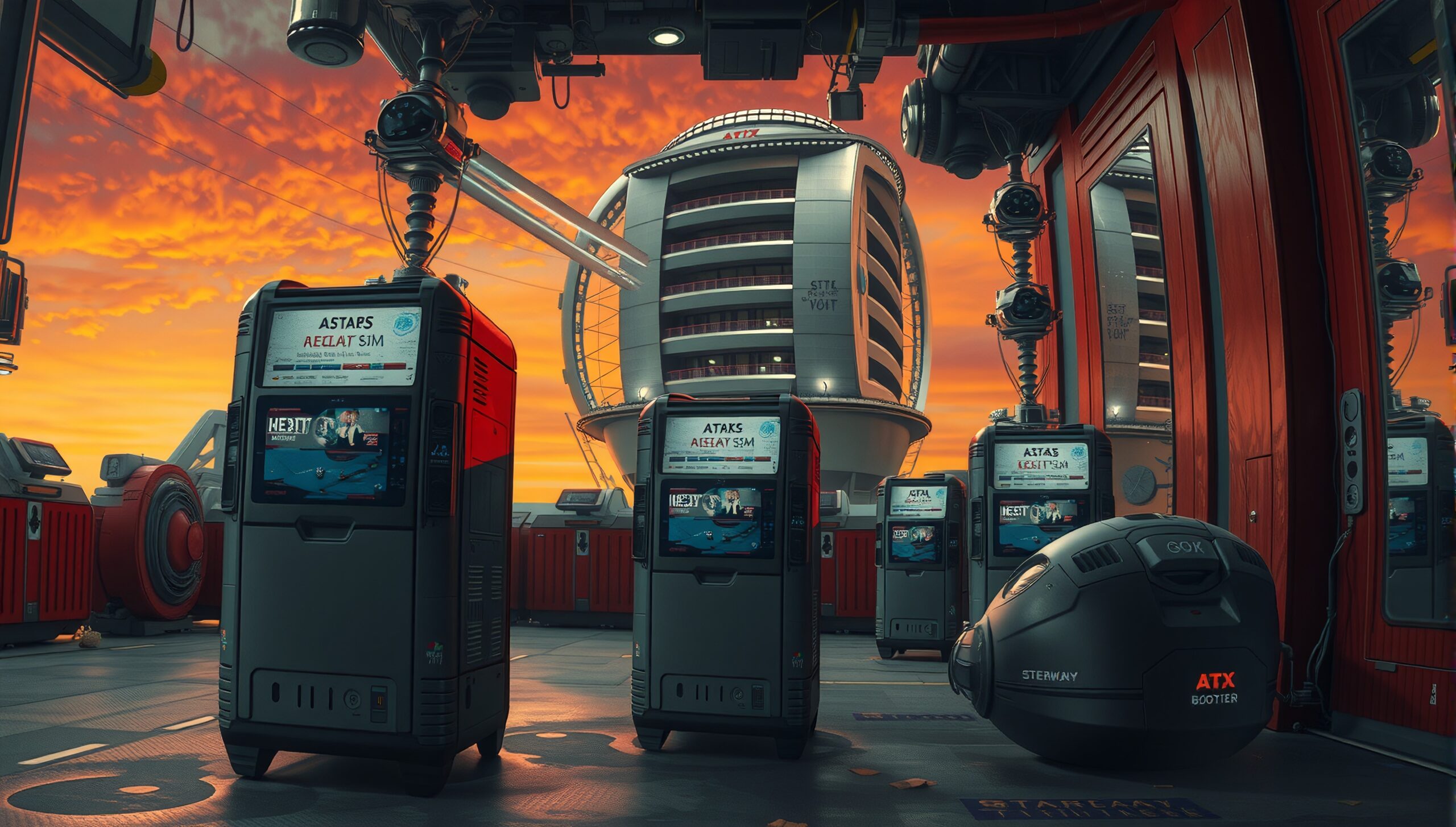 A futuristic industrial complex with advanced technology and vibrant sunset sky.