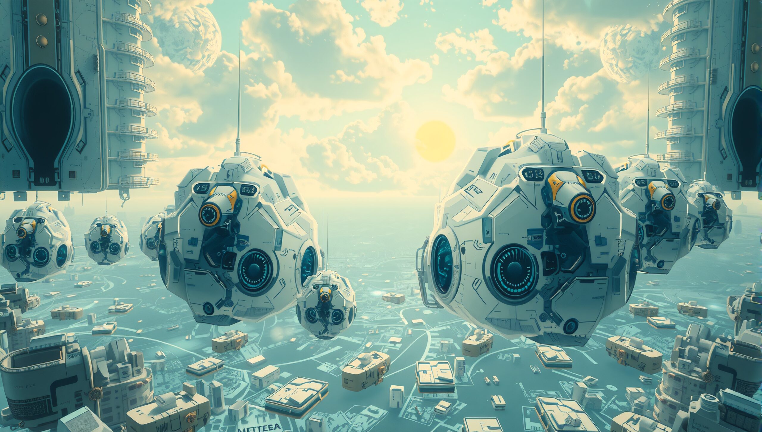 Futuristic cityscape with floating drones amidst modern architecture.