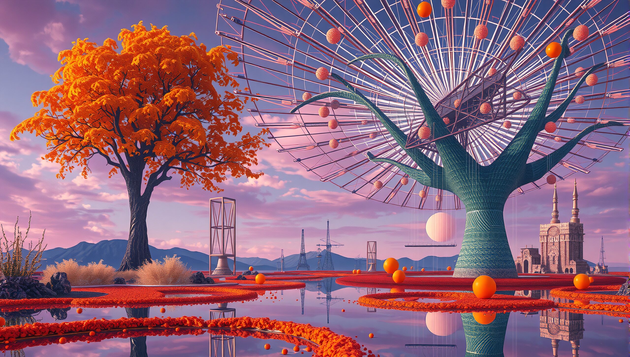Surreal landscape with vibrant orange tree and futuristic elements reflecting in water, set against a colorful sky.