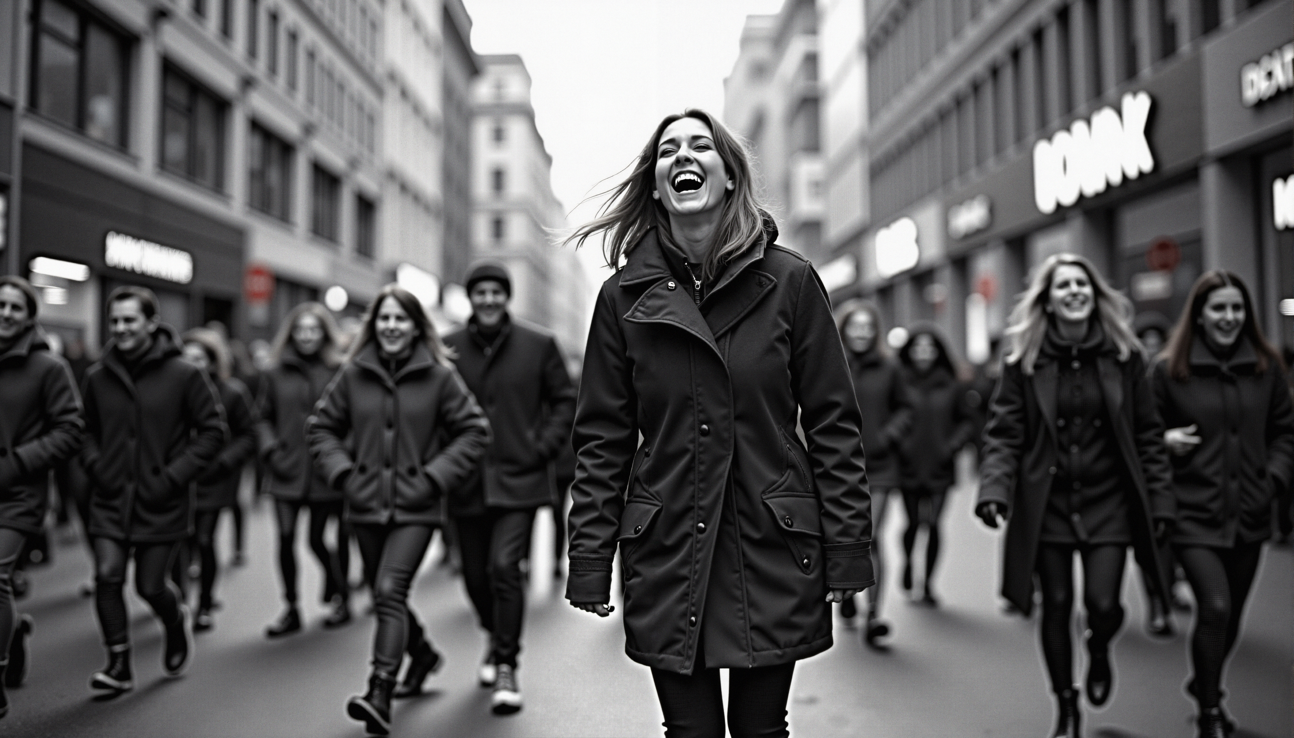 Joyful people walking city street