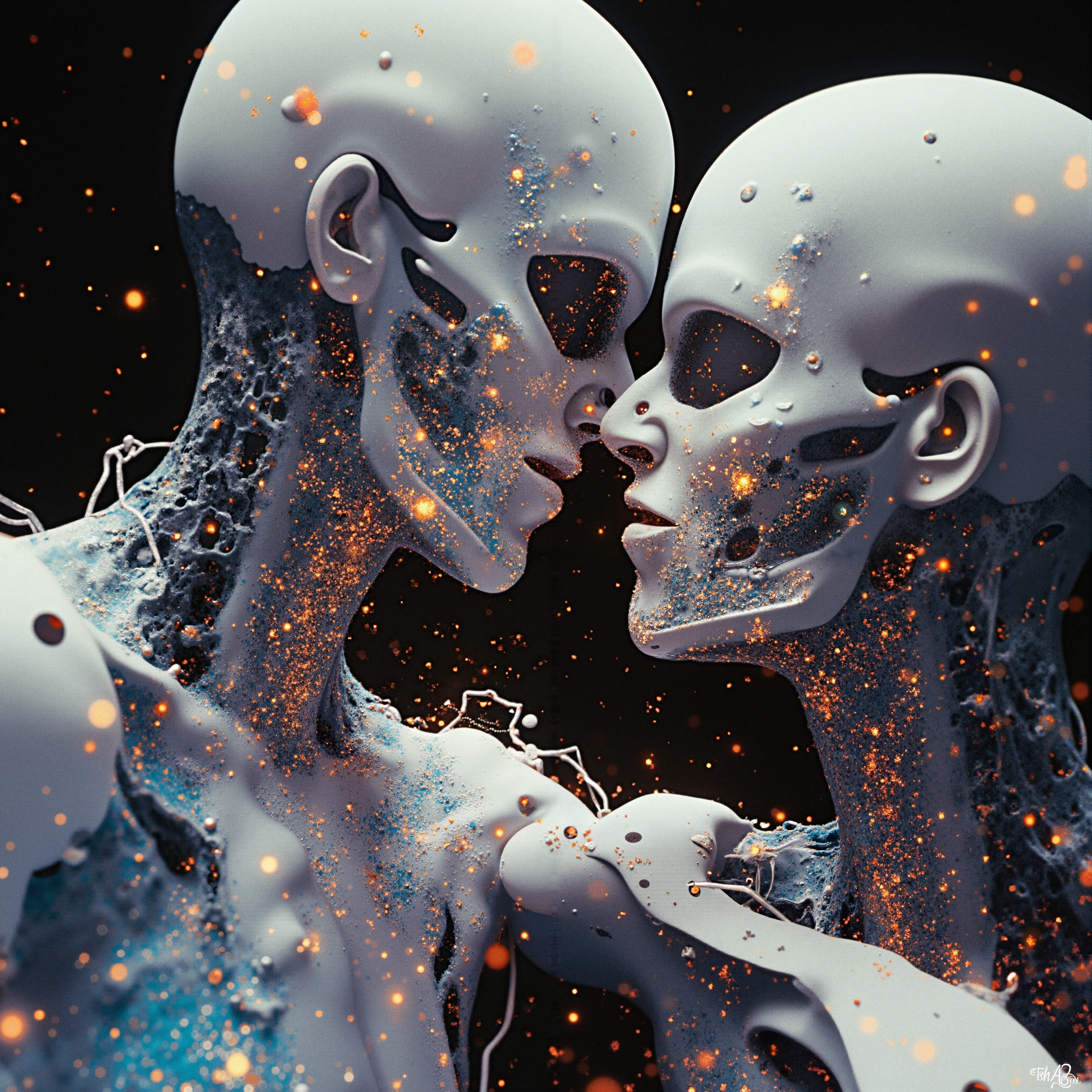 Abstract humanoid figures, digital art, futuristic theme, vibrant contrast, dark background.