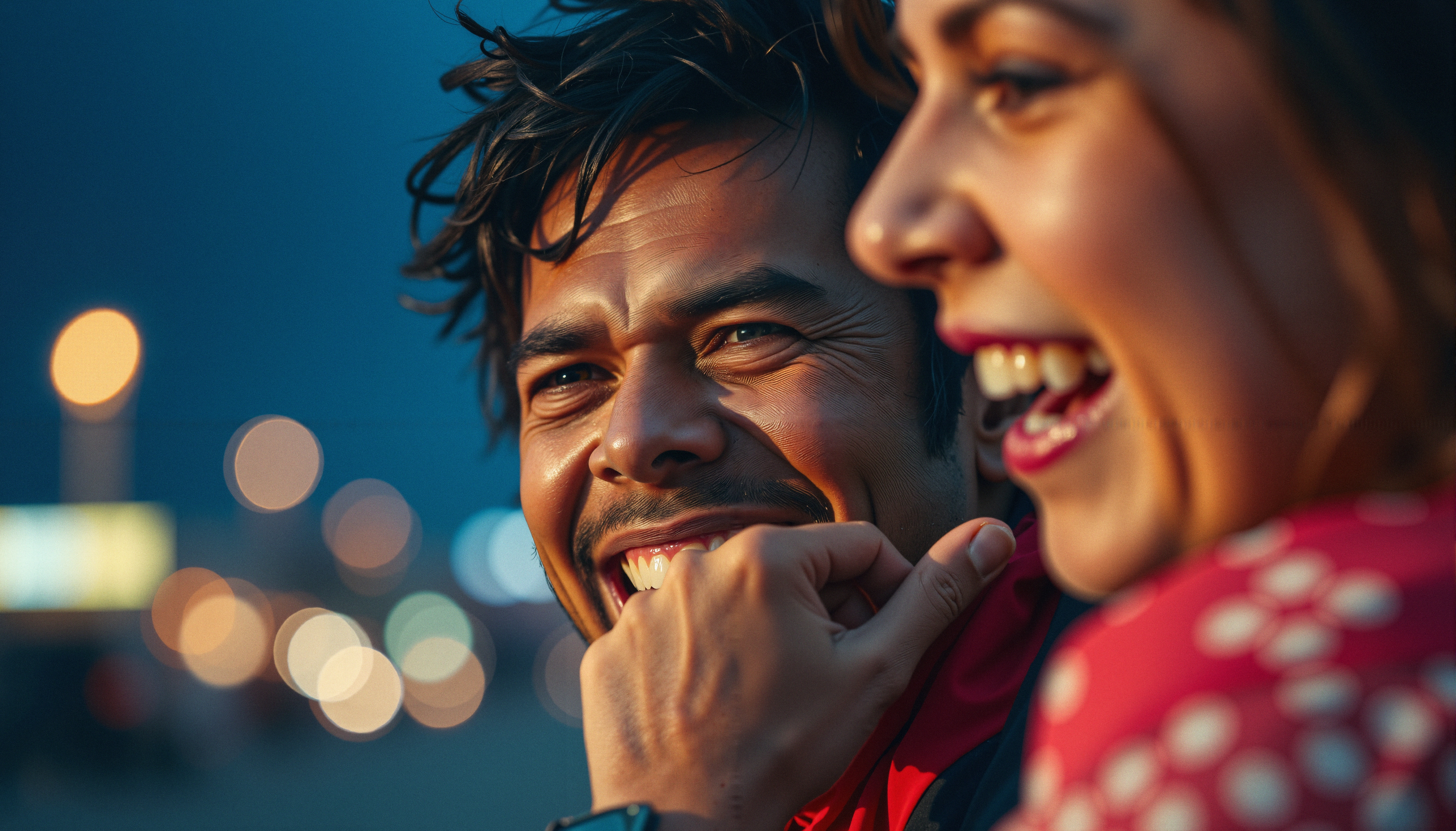 A man and woman laughing in a lively evening city scene.