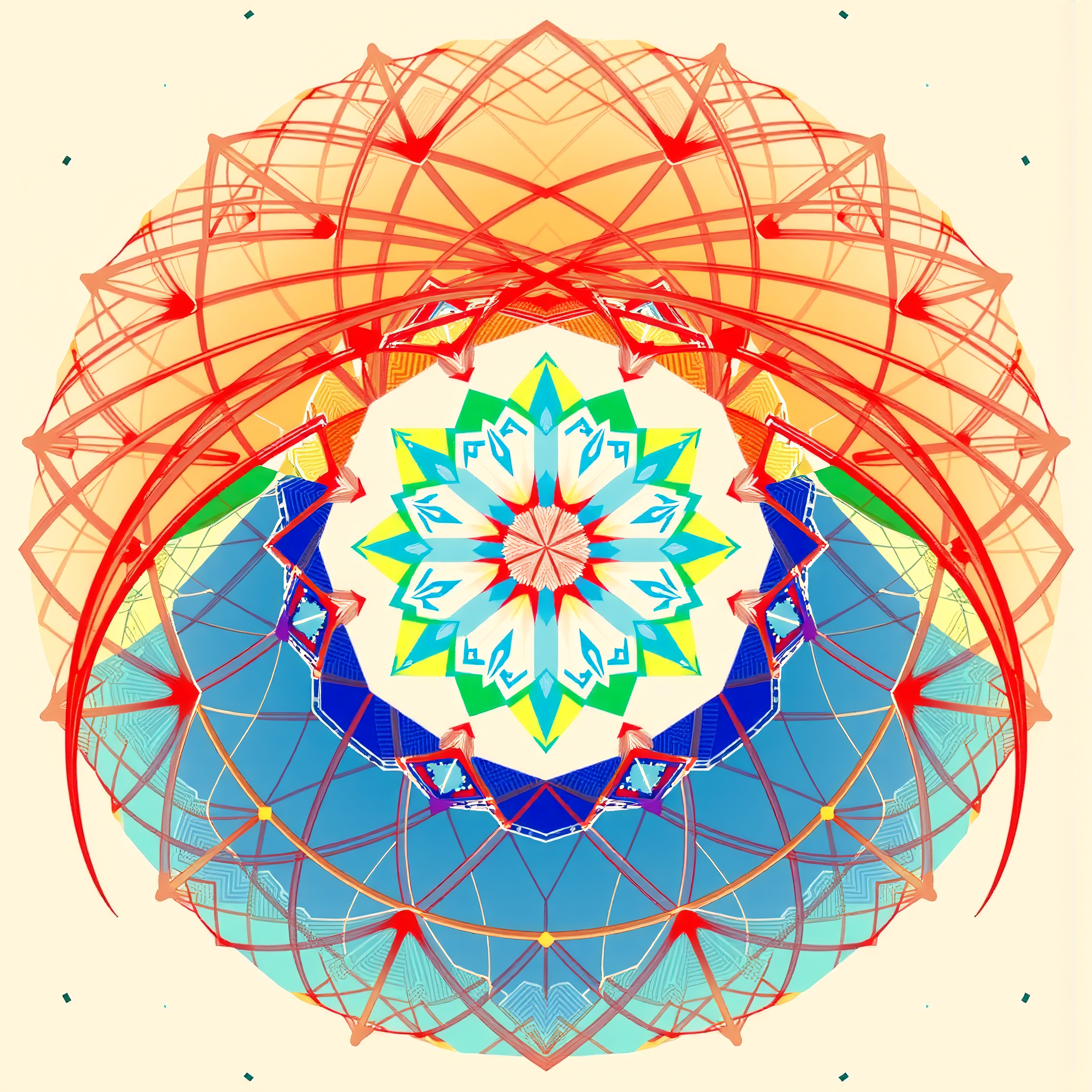 Symmetrical mandala with vibrant colors and geometric patterns.