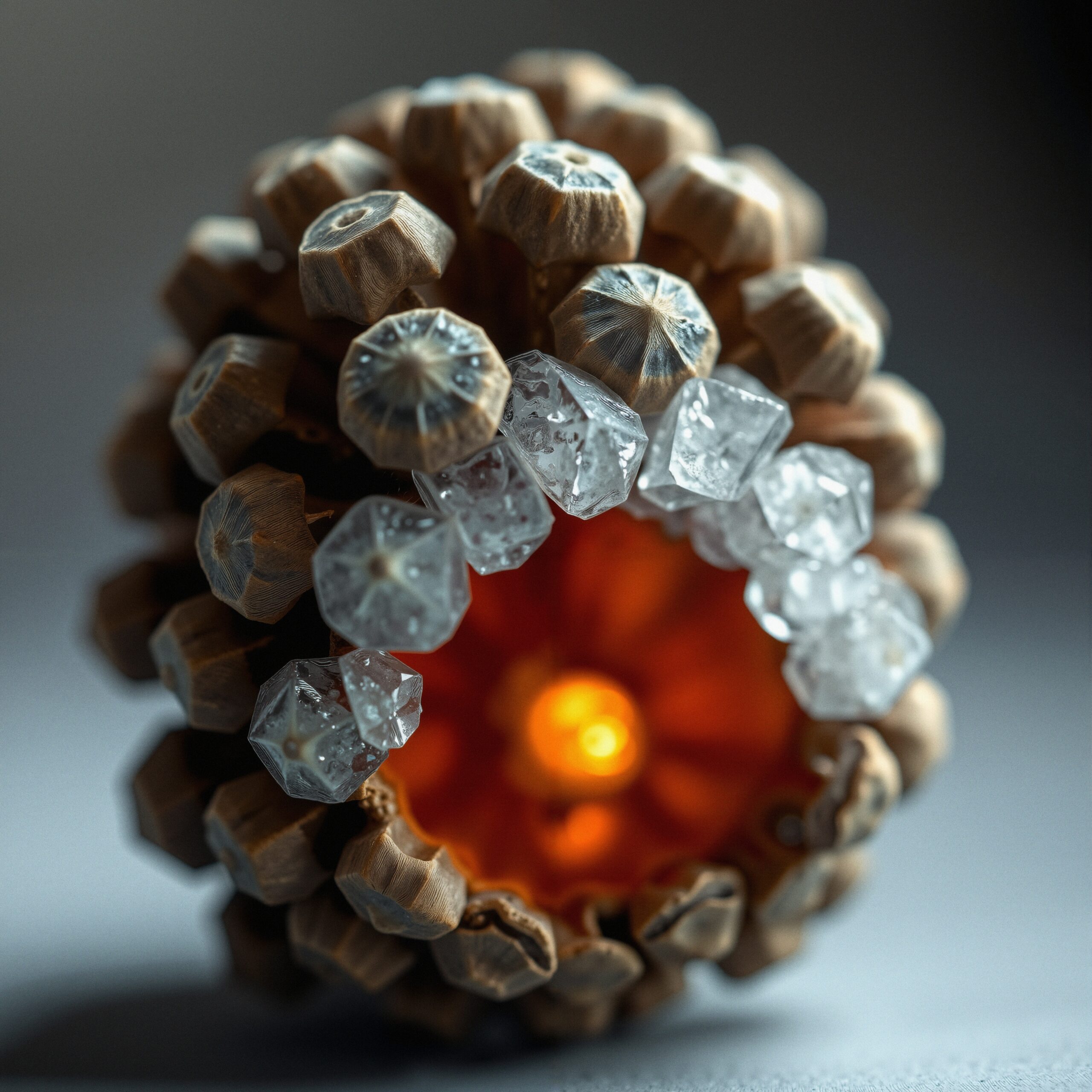 A detailed view of an intricate sculpture with wooden hexagons and crystal elements illuminated by an amber light.