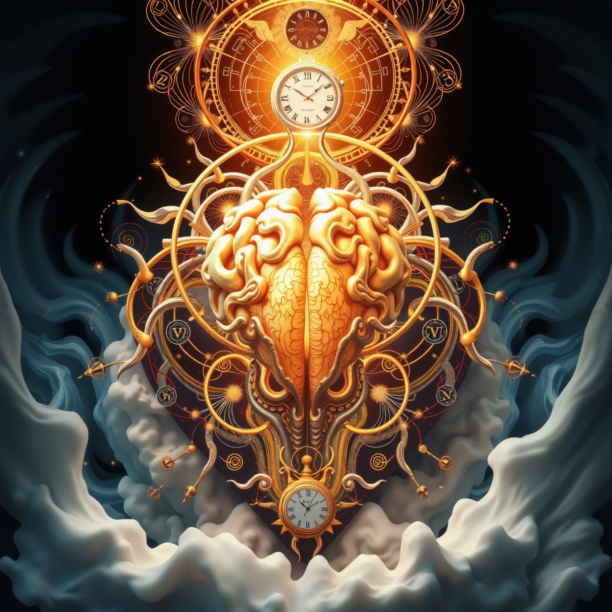 Surreal art of a clockwork brain intertwining with gears and clocks, surrounded by mystical clouds.