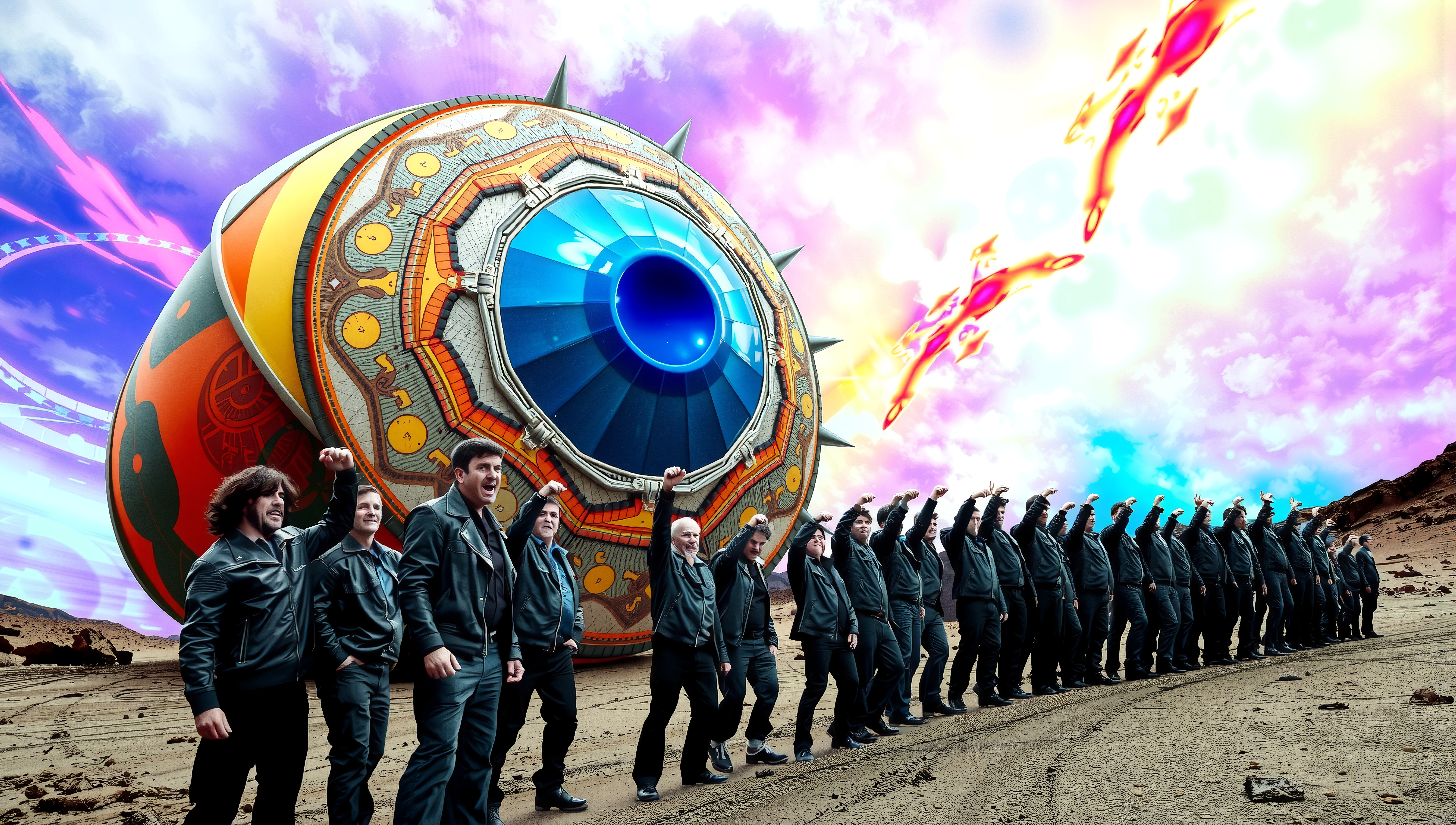 Futuristic eye structure with men raising fists under a vibrant sky, depicting unity and determination.