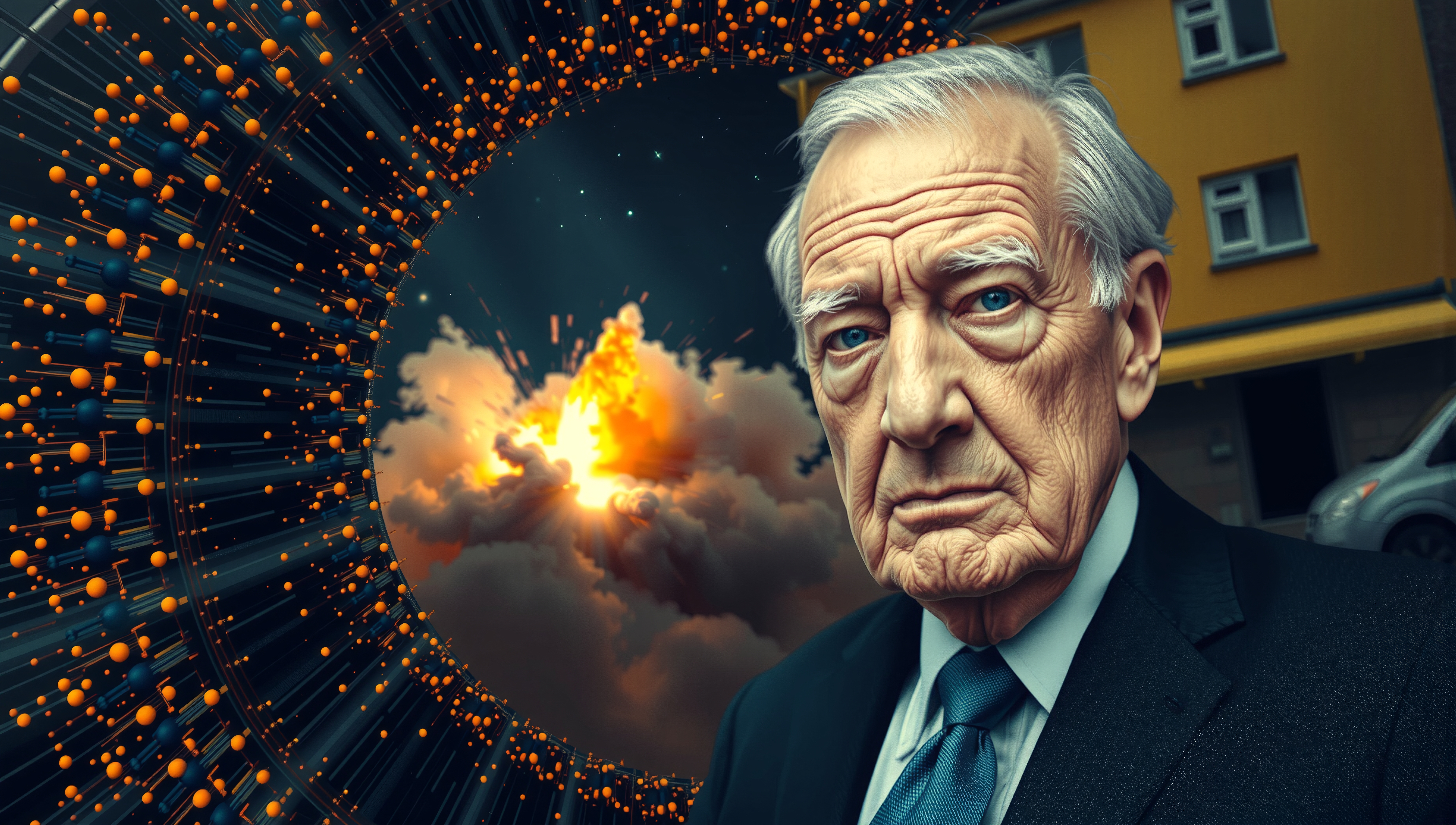An elderly man in a suit with a serious expression stands against a surreal cosmic explosion, framed by abstract orange and blue spheres.