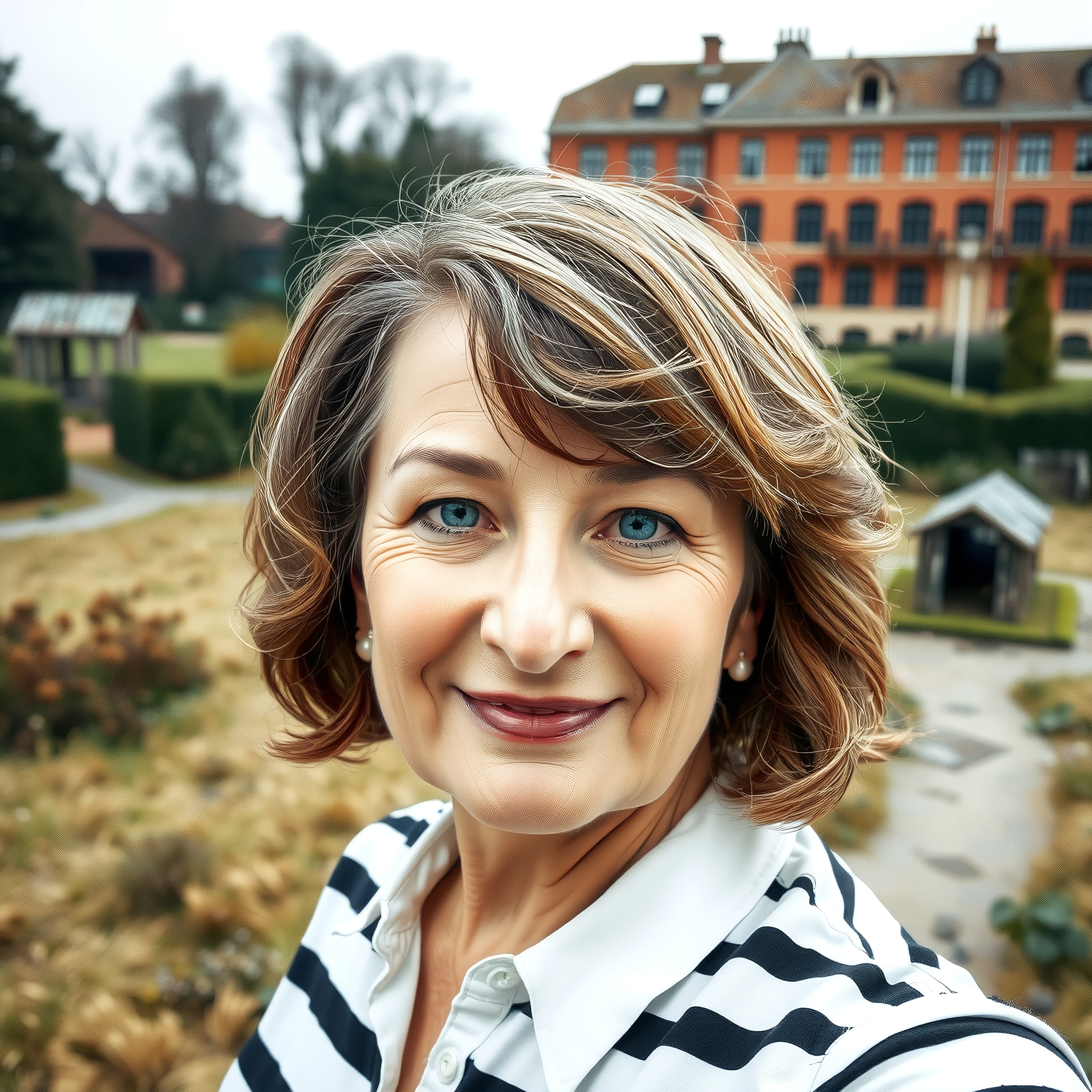 A woman smiling outdoors in a garden with historic red-brick architecture in the background.