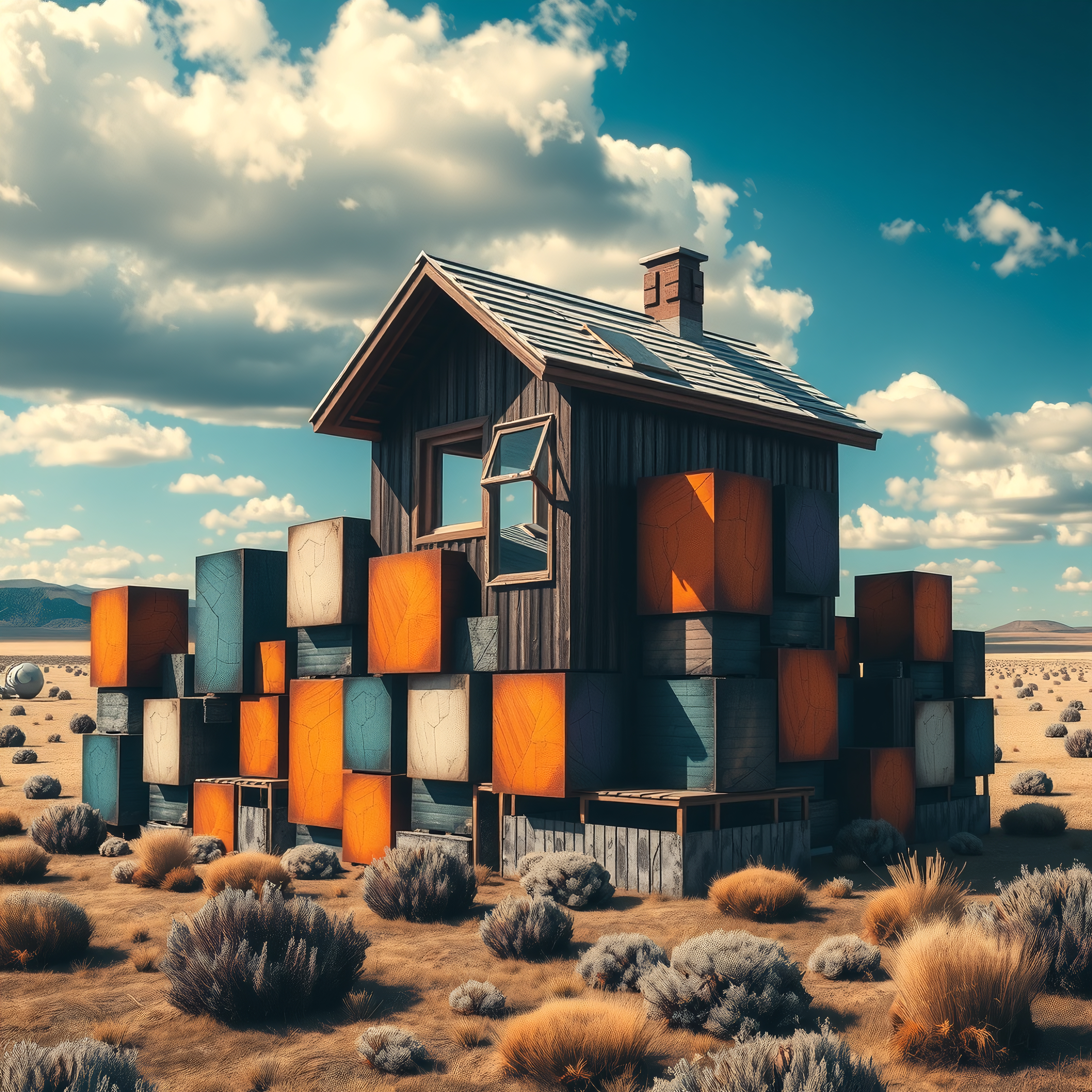 A unique wooden house with colorful cubes in a desert landscape, blending architecture with natural beauty.