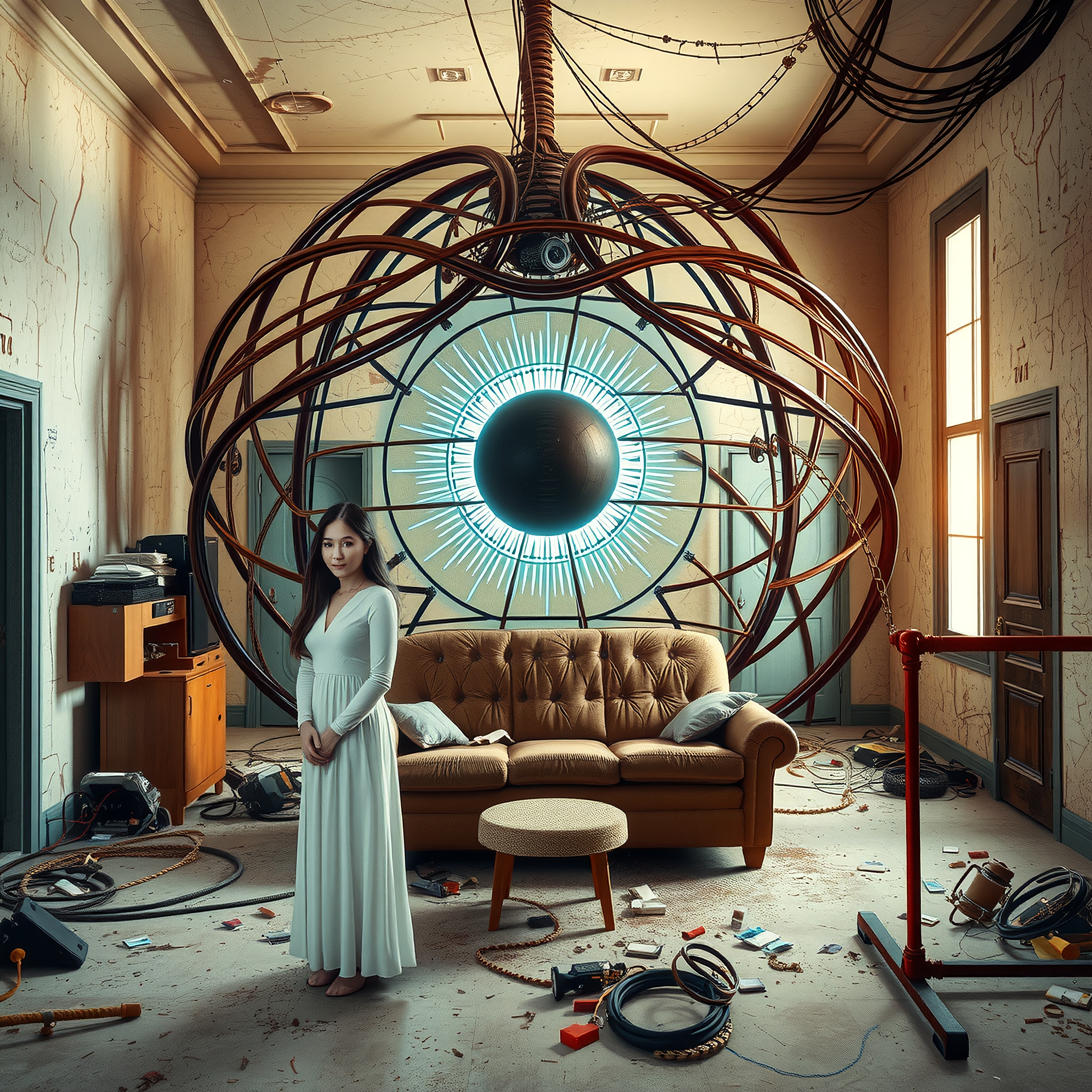 A woman in a futuristic scene with a glowing metallic structure.