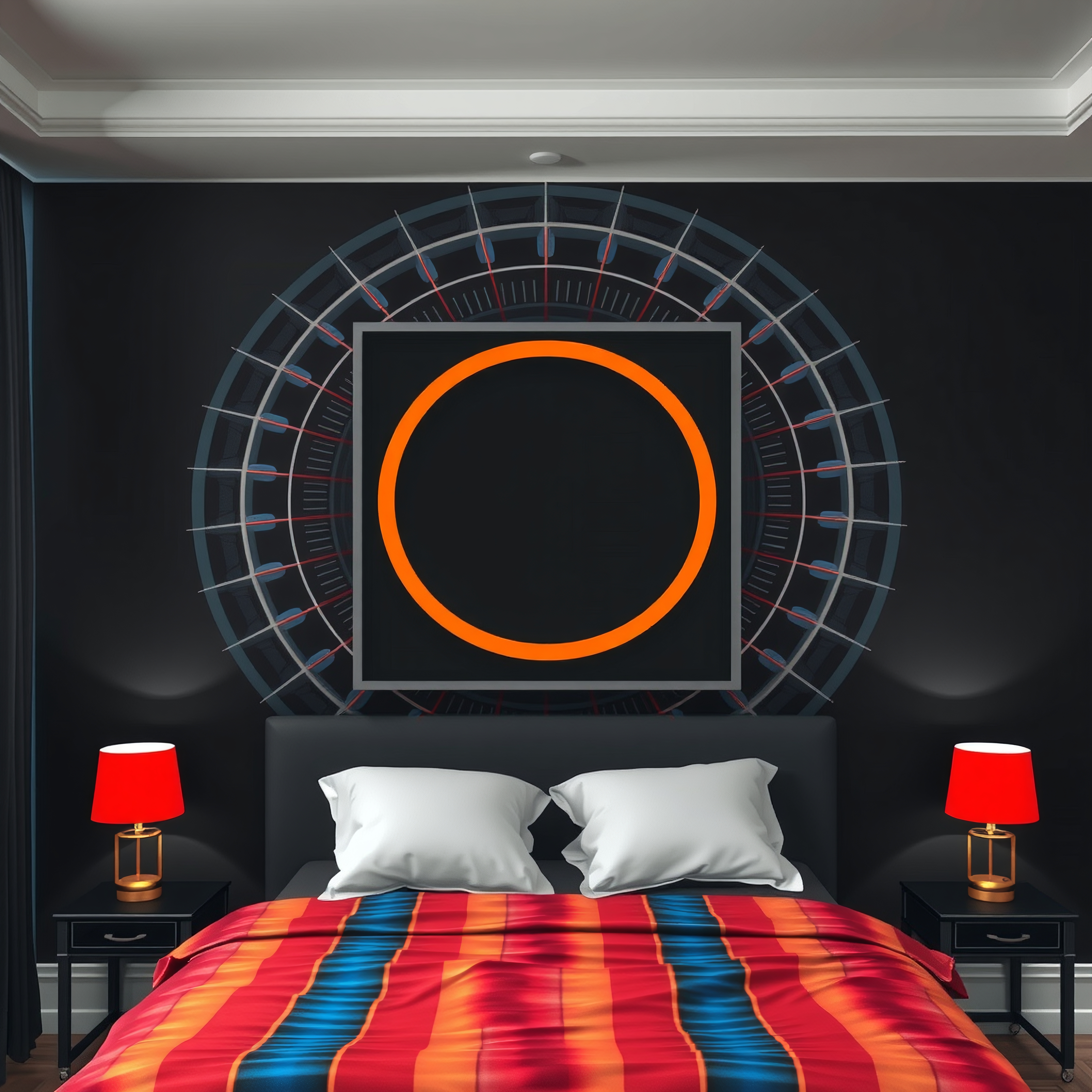 Modern bedroom with bold artwork and colorful bedspread.