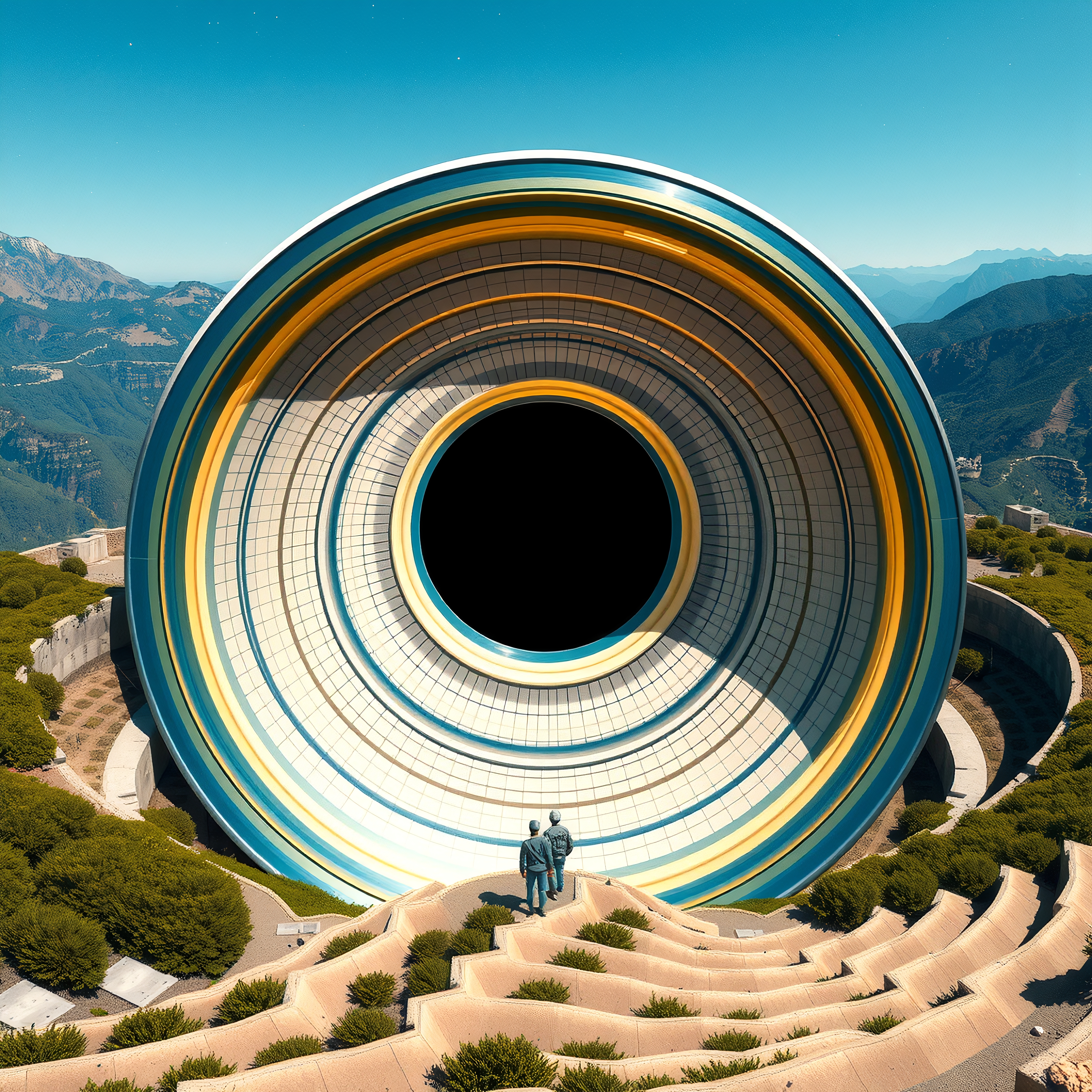 A futuristic structure resembling a telescope stands in a mountainous landscape, surrounded by manicured greenery and two figures observing.